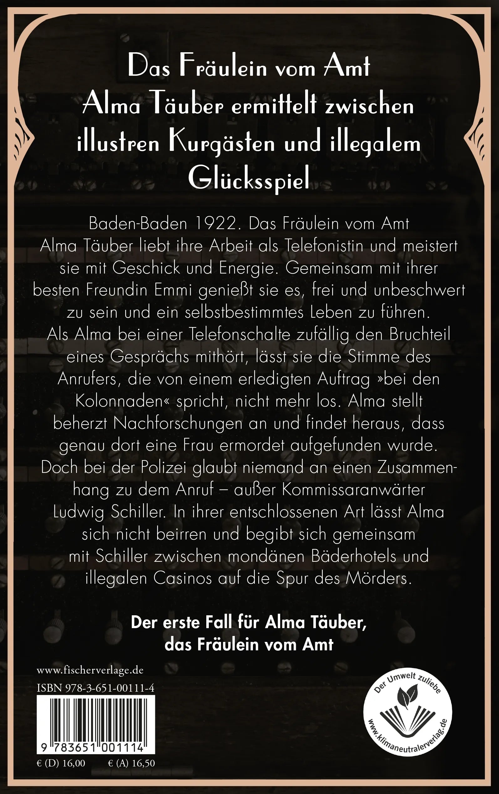 Buchrückseite von 'Fräulein vom Amt – Die Nachricht des Mörders' mit Klappentext - Paperback
