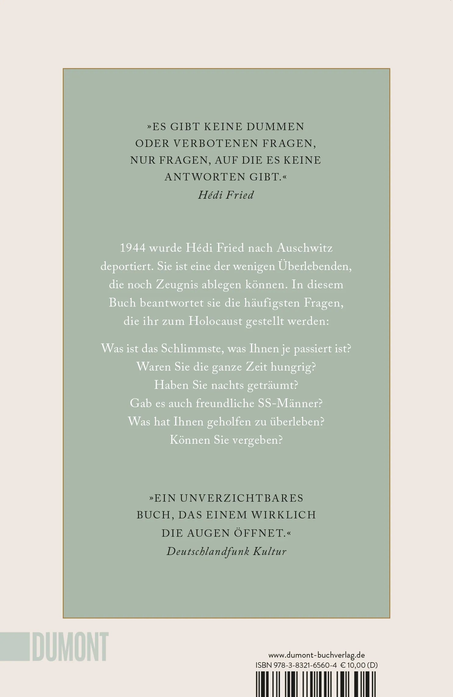Buchrückseite von 'Fragen, die mir zum Holocaust gestellt werden' mit Klappentext - Taschenbuch