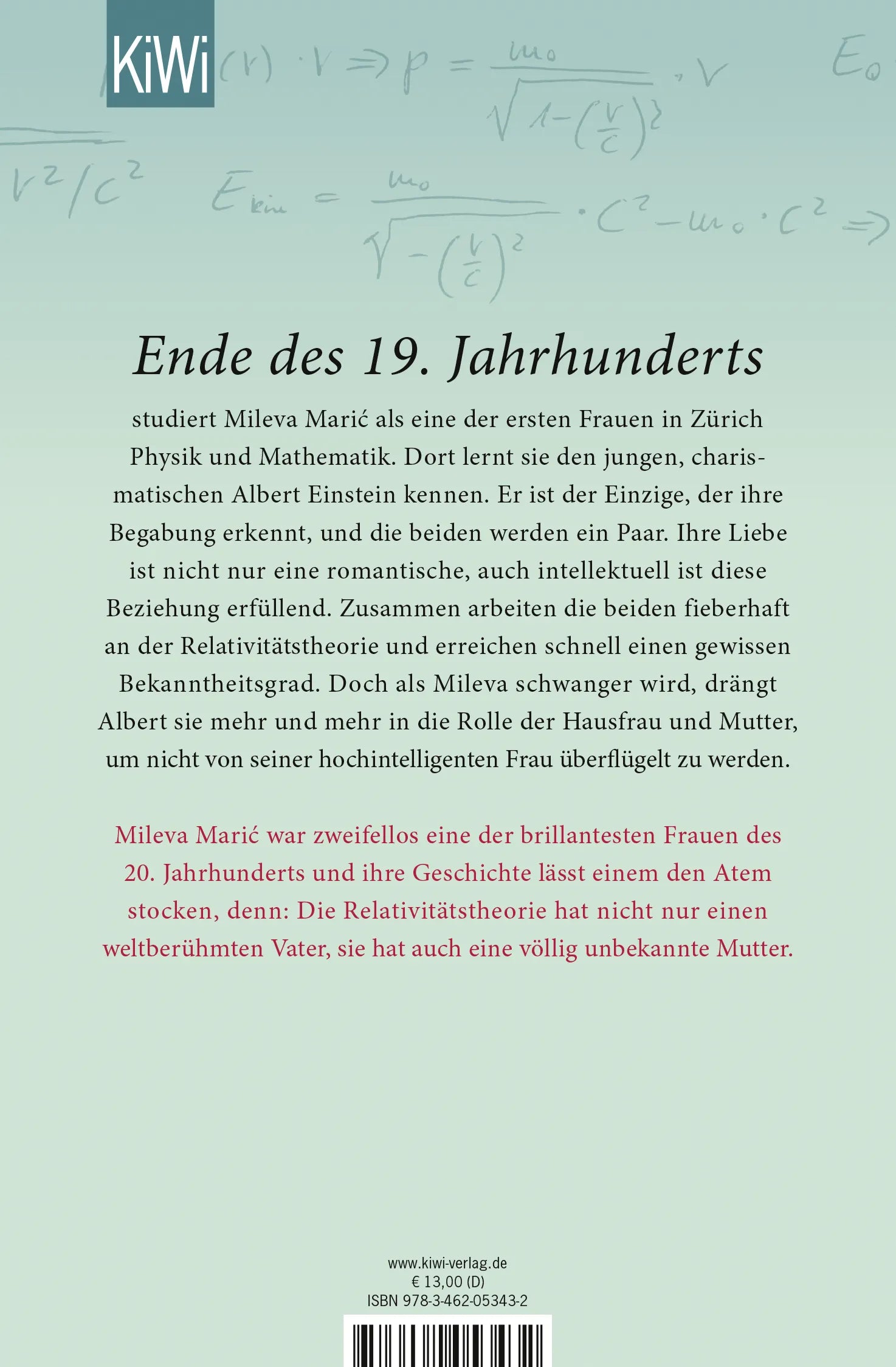 Buchrückseite von 'Frau Einstein' mit Klappentext - Taschenbuch