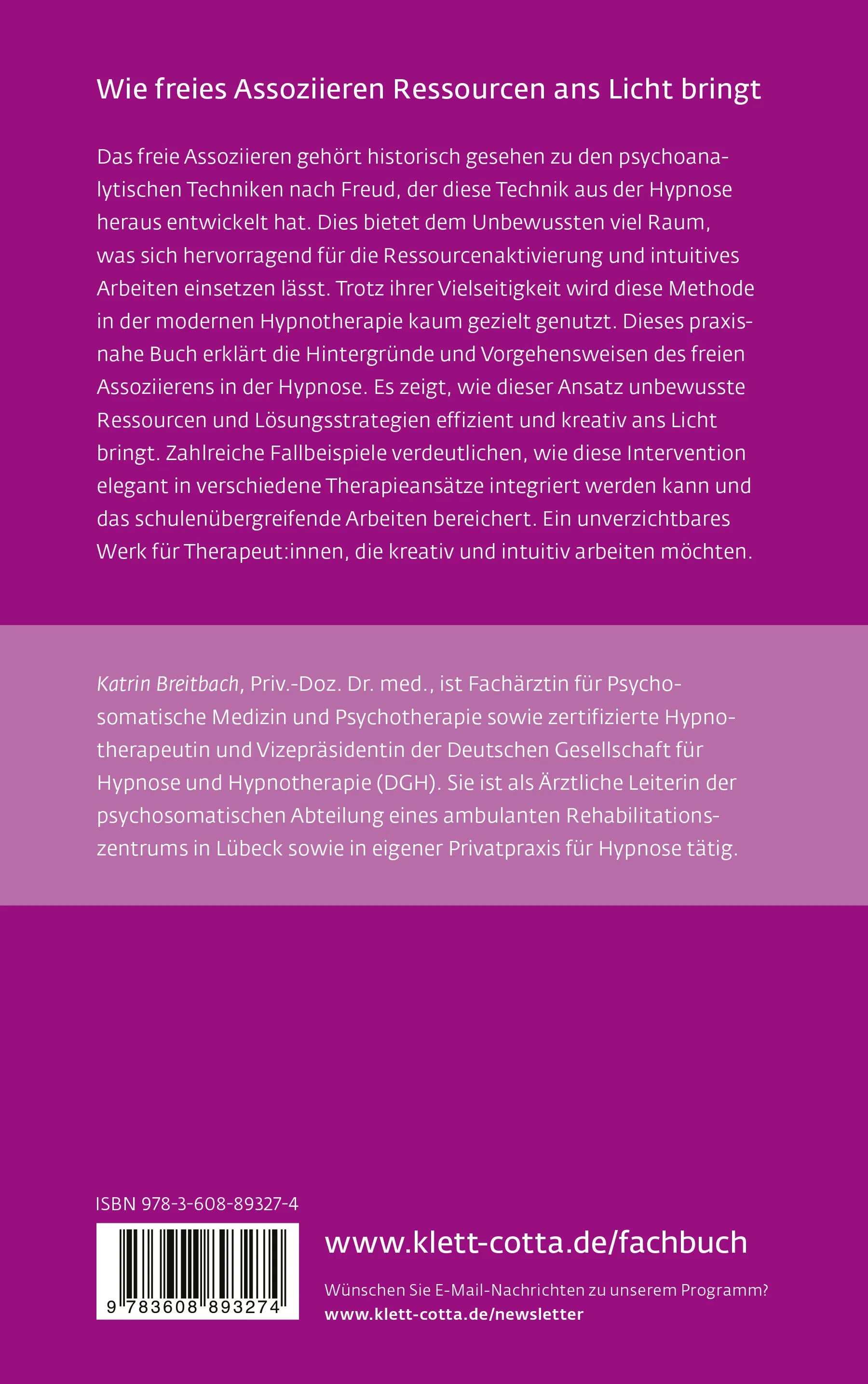 Buchrückseite von 'Freies Assoziieren in Hypnose' mit Klappentext - Paperback