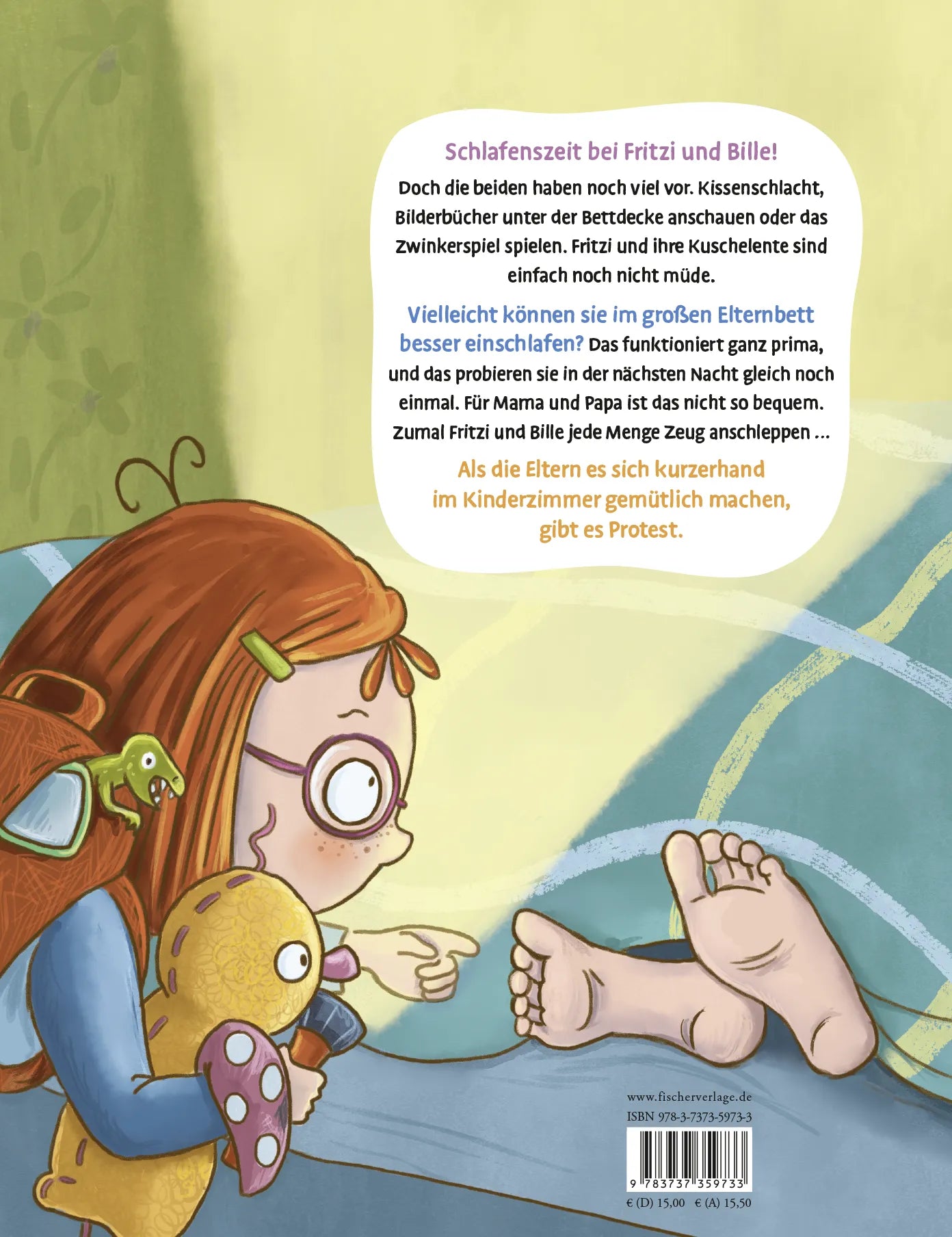 Buchrückseite von 'Fritzi und Bille - Bloß nicht allein ins Bett' mit Klappentext - Gebundene Ausgabe