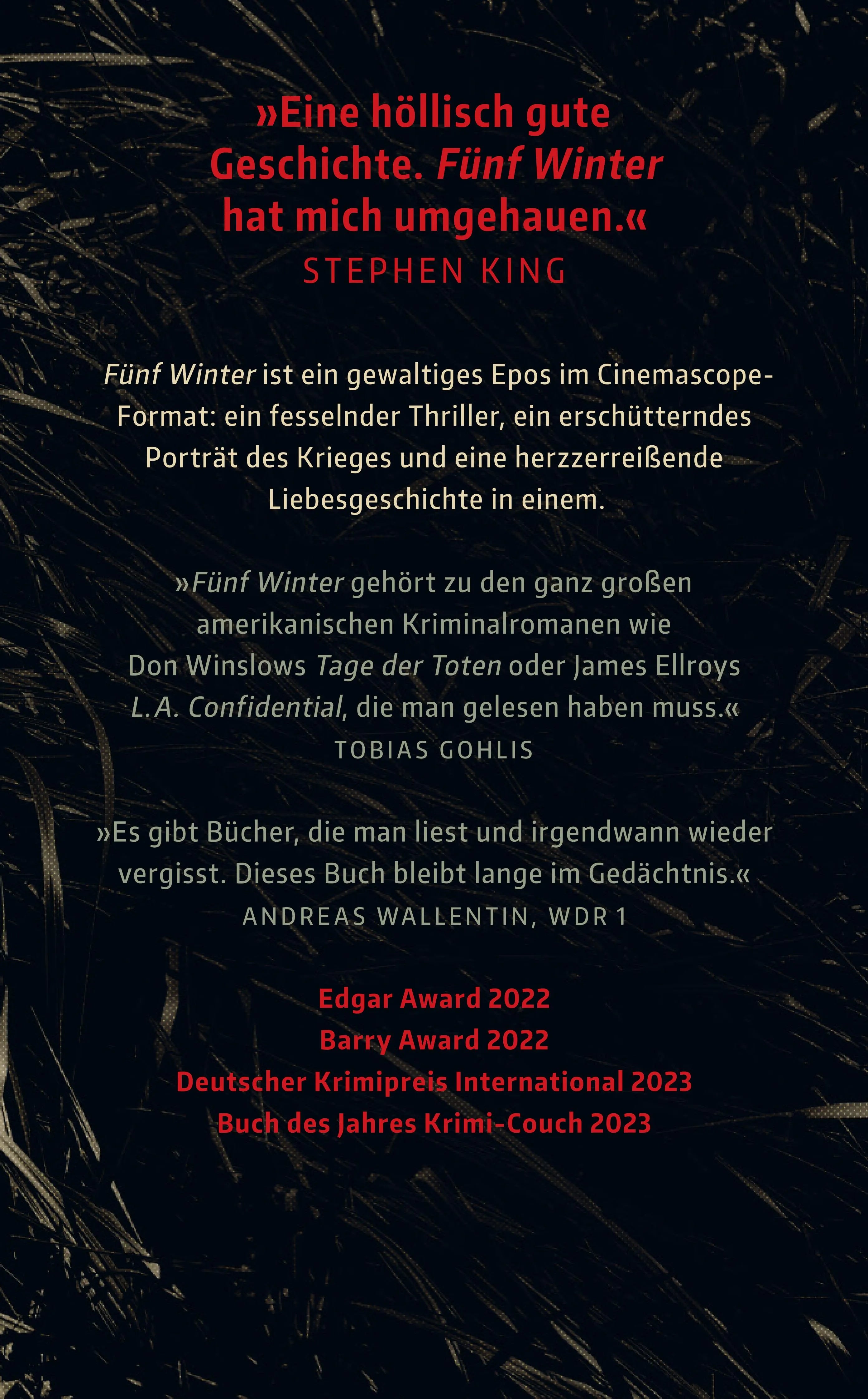 Buchrückseite von 'Fünf Winter' mit Klappentext - Taschenbuch