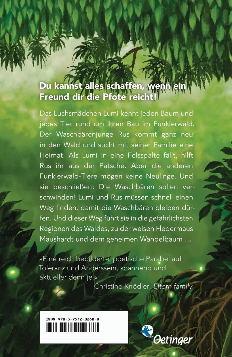 Buchrückseite von 'Funklerwald' mit Klappentext - Taschenbuch