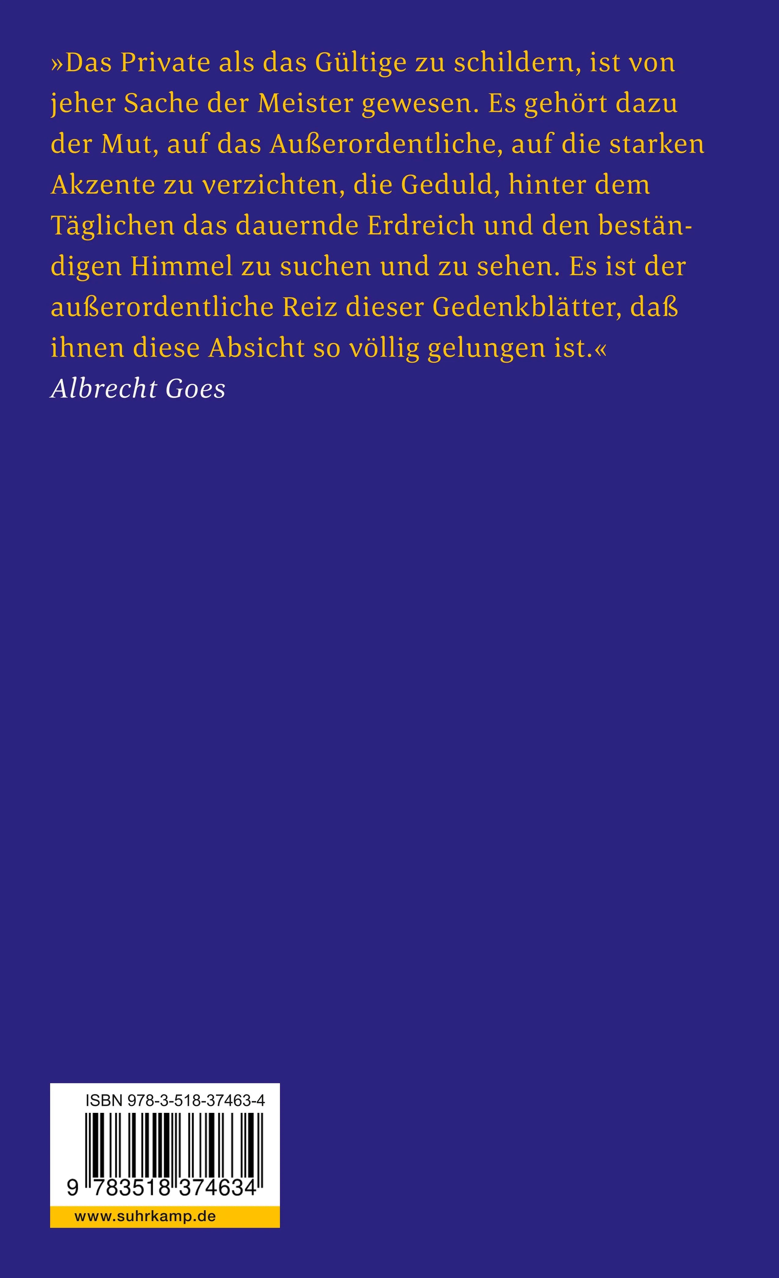 Buchrückseite von 'Gedenkblätter' mit Klappentext - Taschenbuch