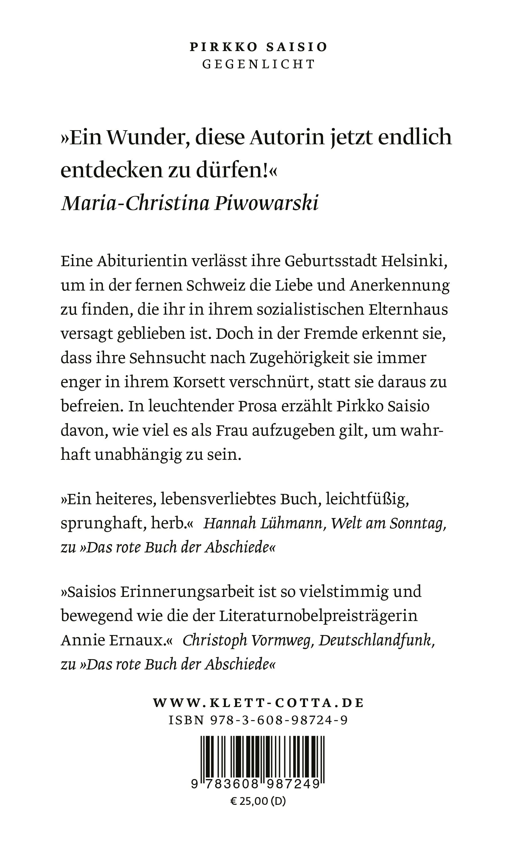 Buchrückseite von 'Gegenlicht' mit Klappentext - Gebundene Ausgabe
