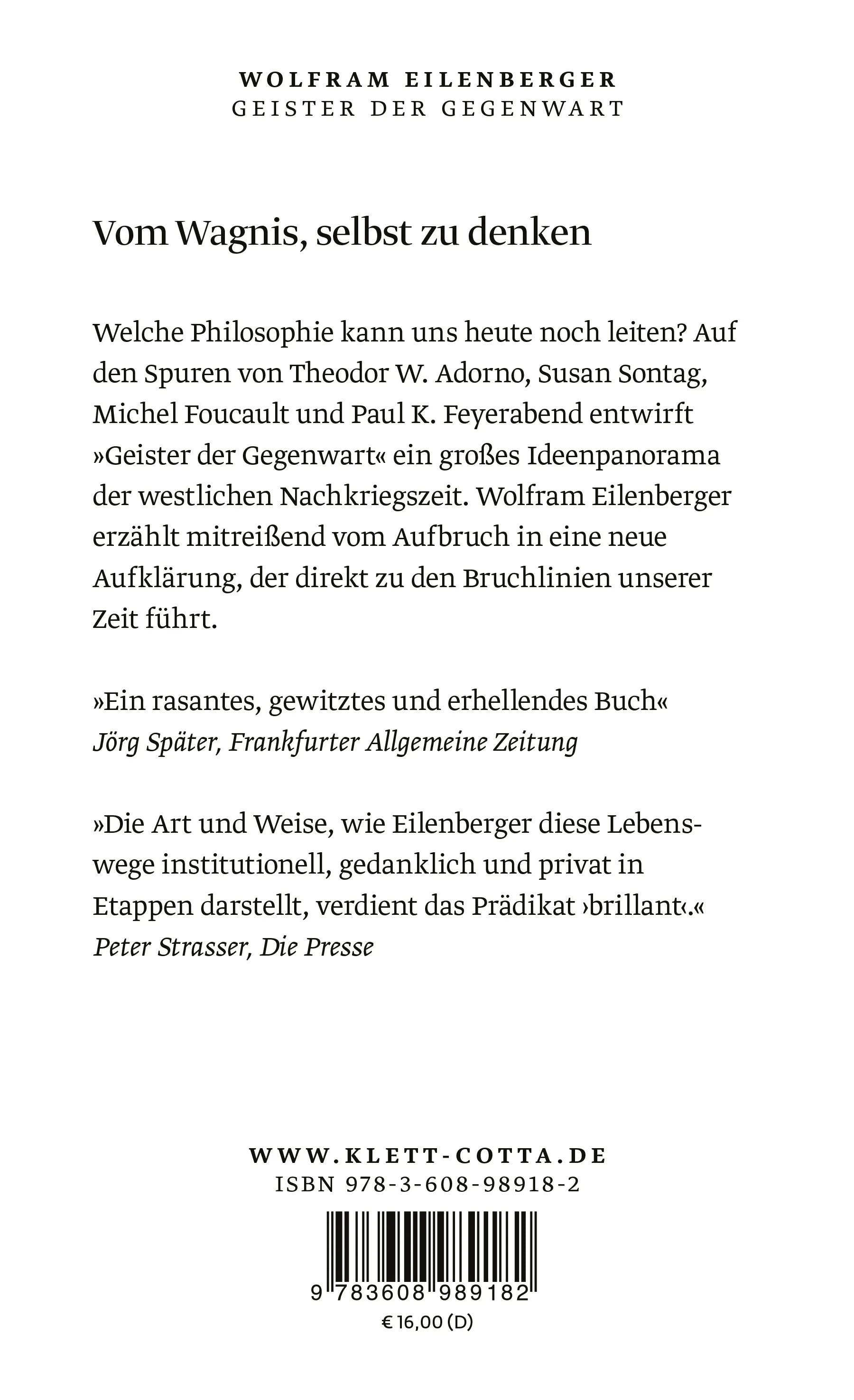 Buchrückseite von 'Geister der Gegenwart' mit Klappentext - Taschenbuch