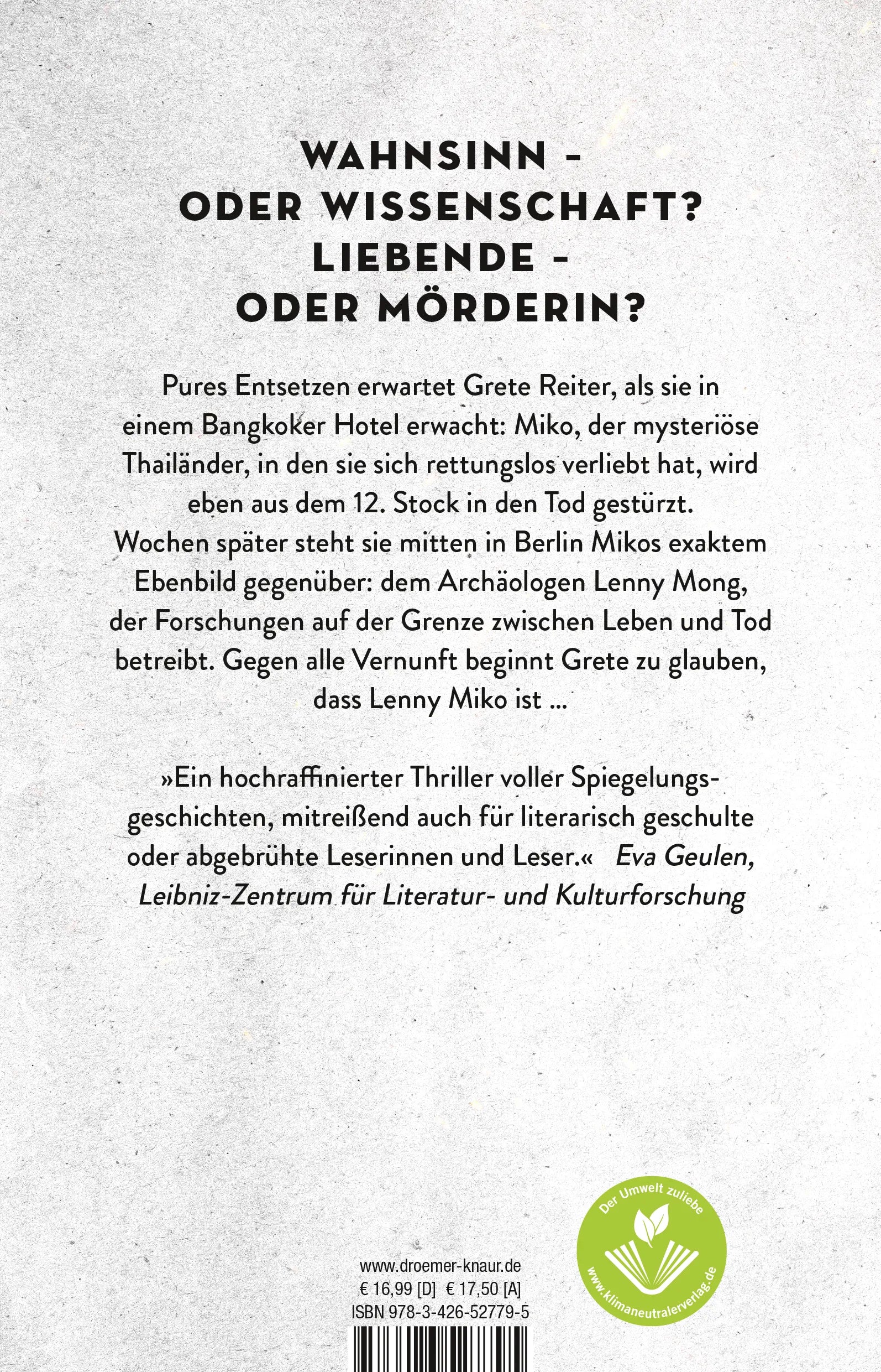 Buchrückseite von 'Geisterschrein' mit Klappentext - Paperback