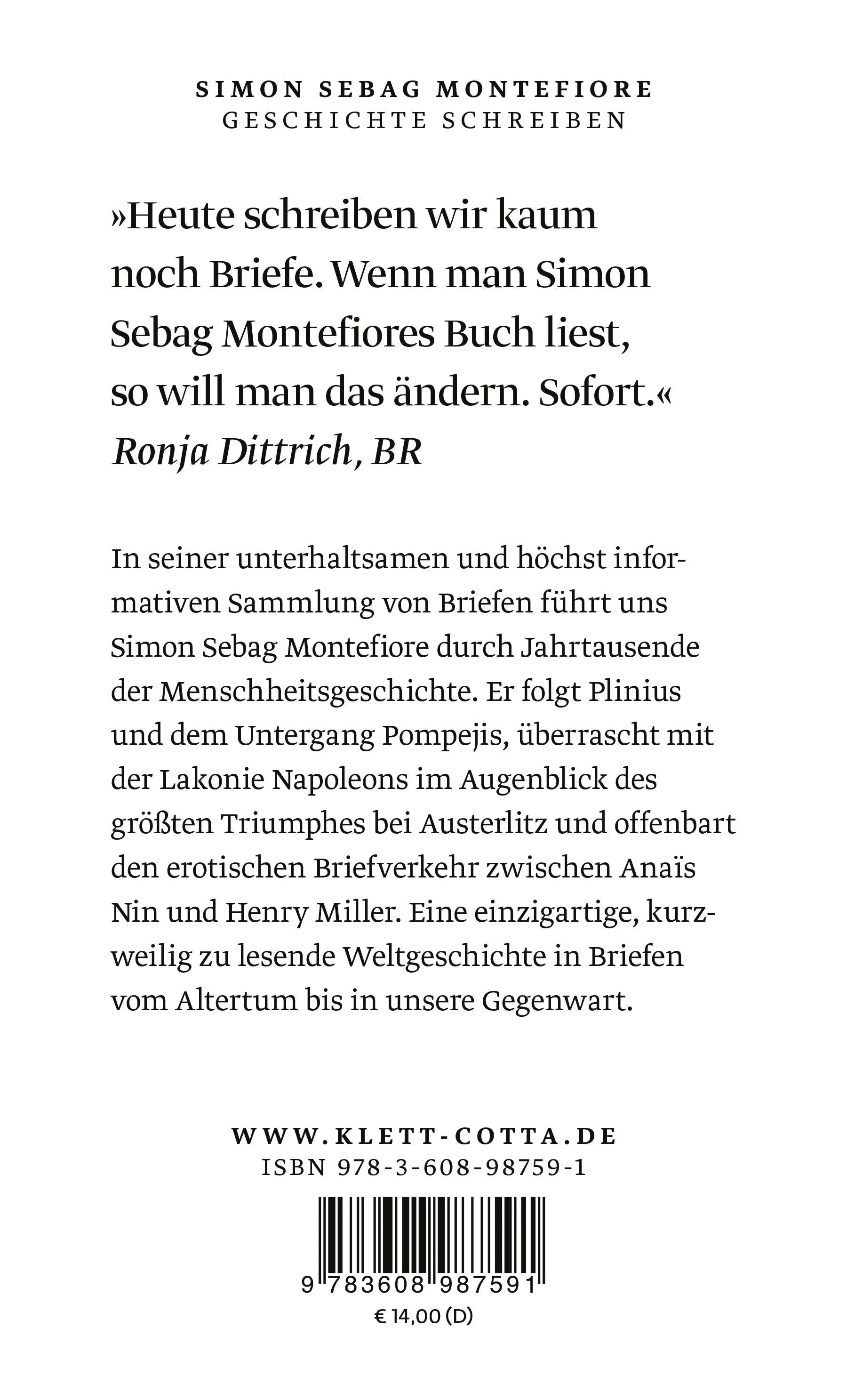 Buchrückseite von 'Geschichte schreiben' mit Klappentext - Taschenbuch