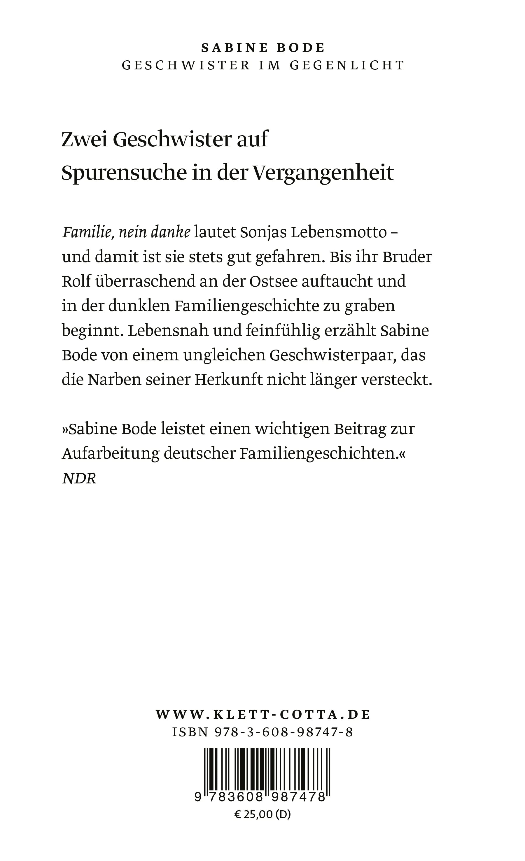 Buchrückseite von 'Geschwister im Gegenlicht' mit Klappentext - Gebundene Ausgabe