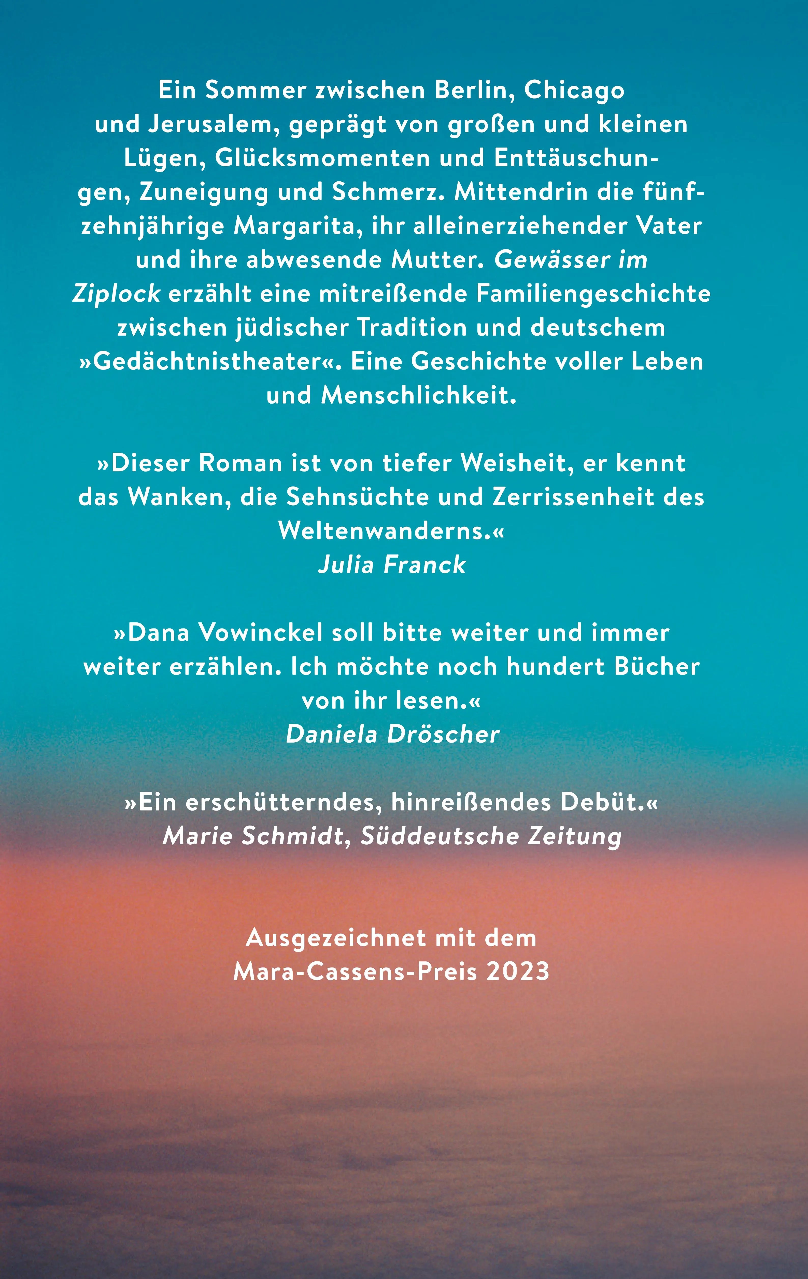 Buchrückseite von 'Gewässer im Ziplock' mit Klappentext - Gebundene Ausgabe