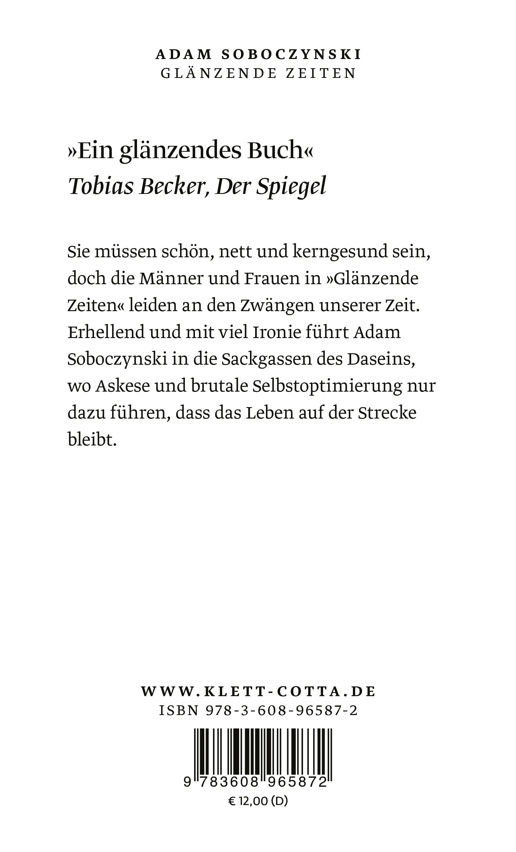 Buchrückseite von 'Glänzende Zeiten' mit Klappentext - Taschenbuch