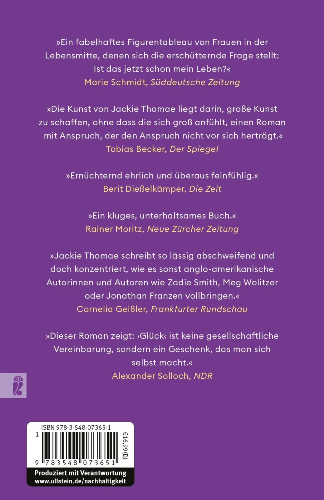 Buchrückseite von 'Glück' mit Klappentext - Taschenbuch