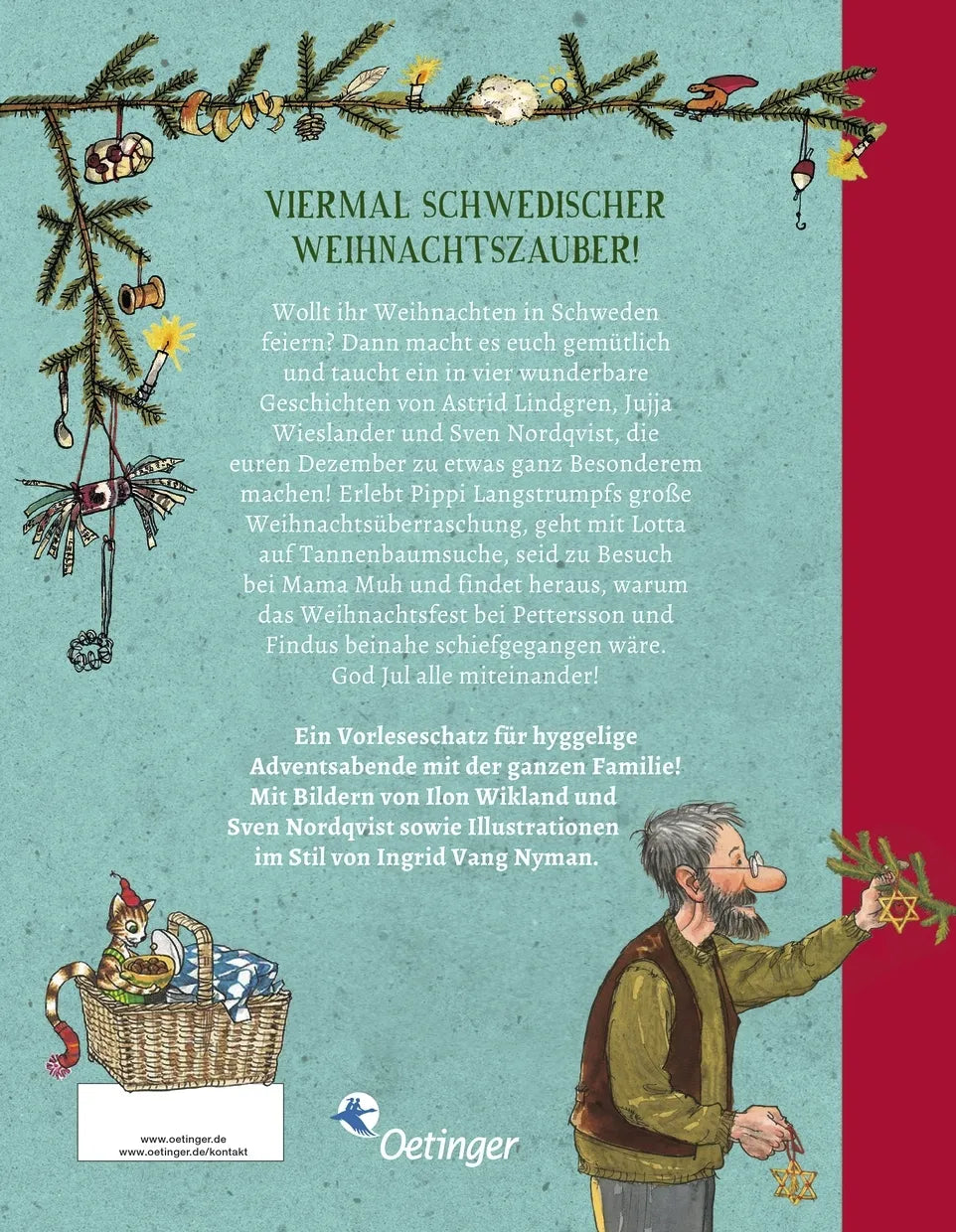 Buchrückseite von 'God Jul! Weihnachten mit Pippi Langstrumpf, Pettersson und Findus, Lotta und Mama Muh' mit Klappentext - Gebundene Ausgabe