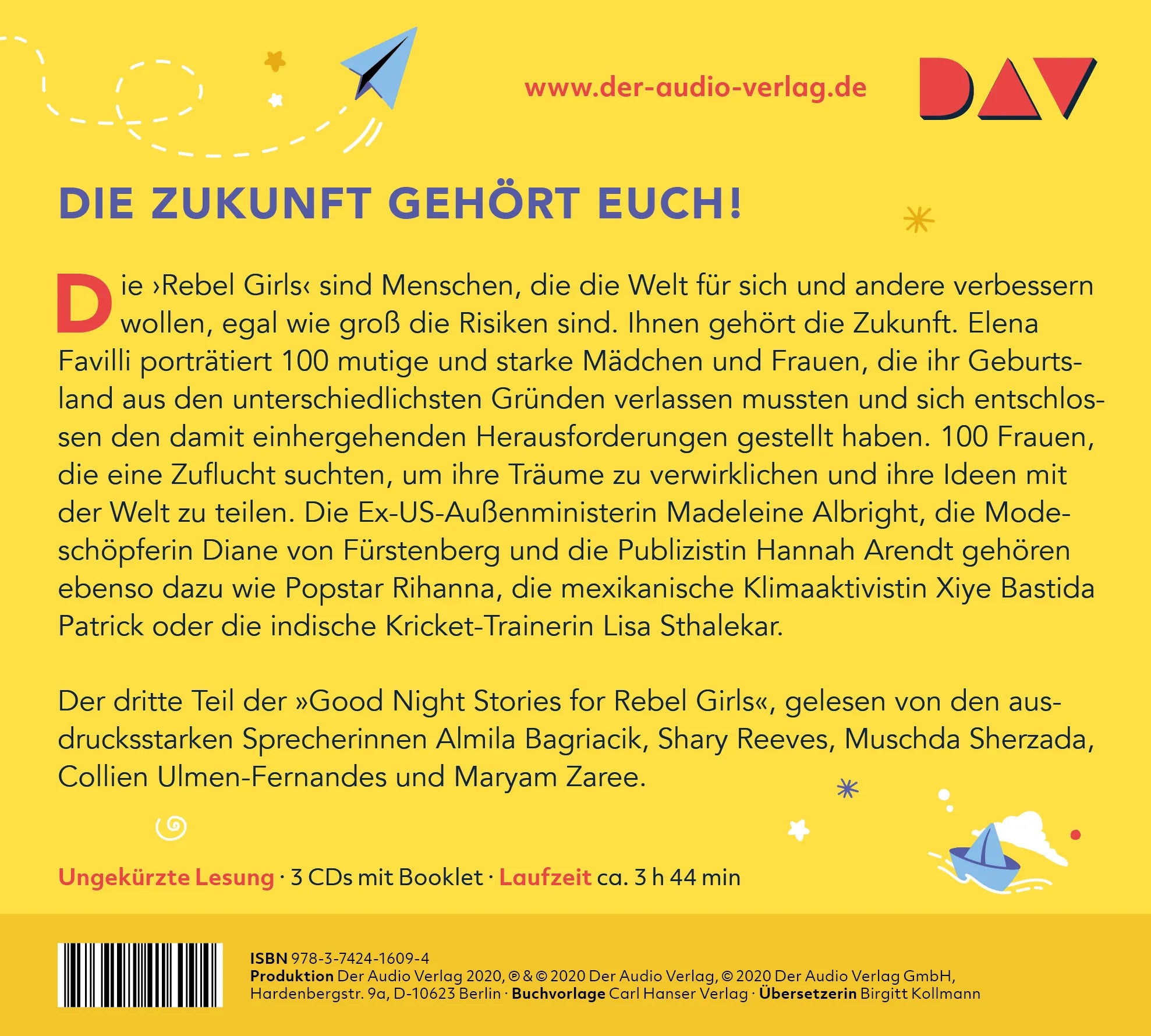 Buchrückseite von 'Good Night Stories for Rebel Girls – Teil 3: 100 Migrantinnen, die die Welt verändern' mit Klappentext - Hörbuch (CD)