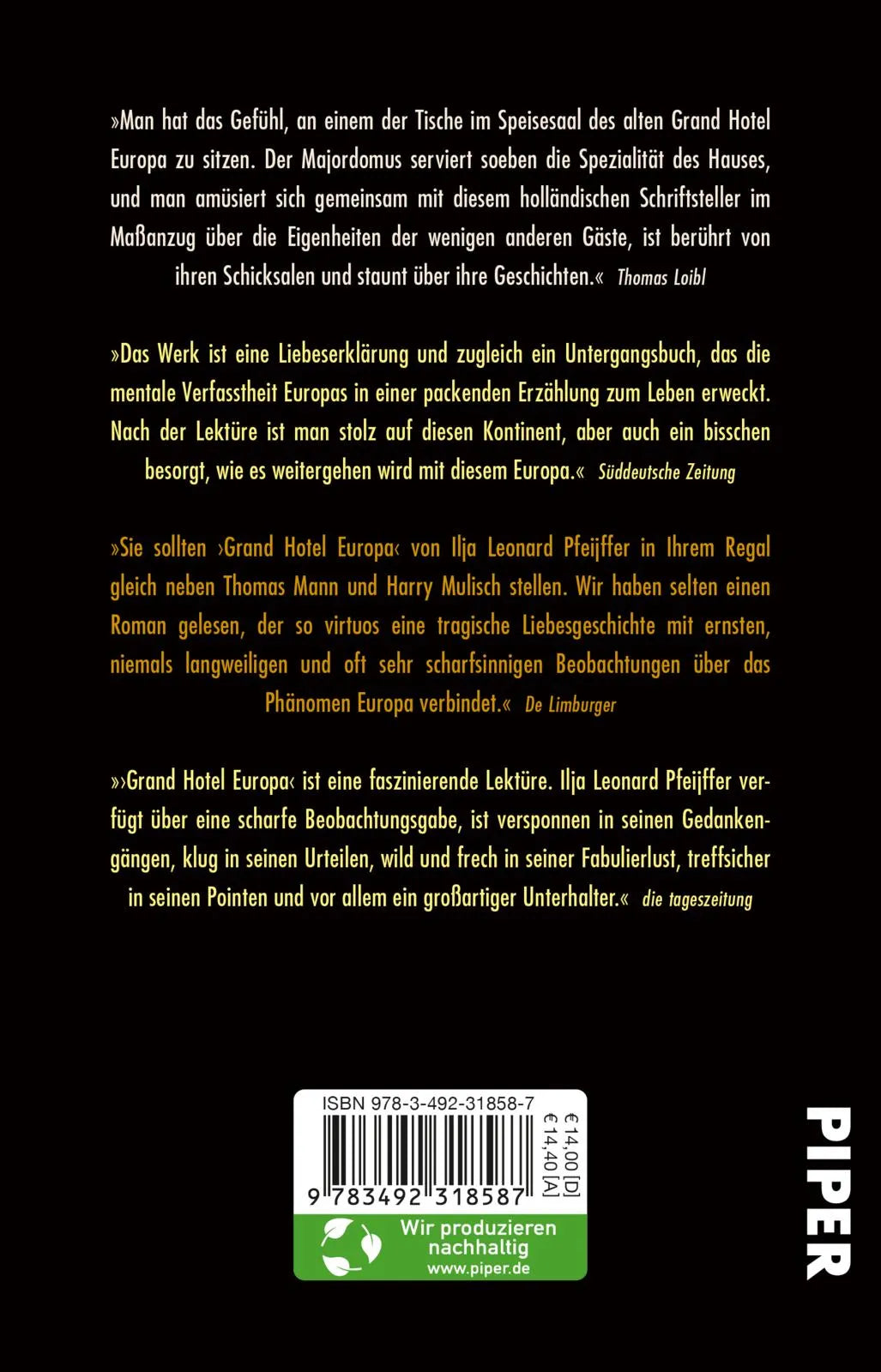 Buchrückseite von 'Grand Hotel Europa' mit Klappentext - Taschenbuch