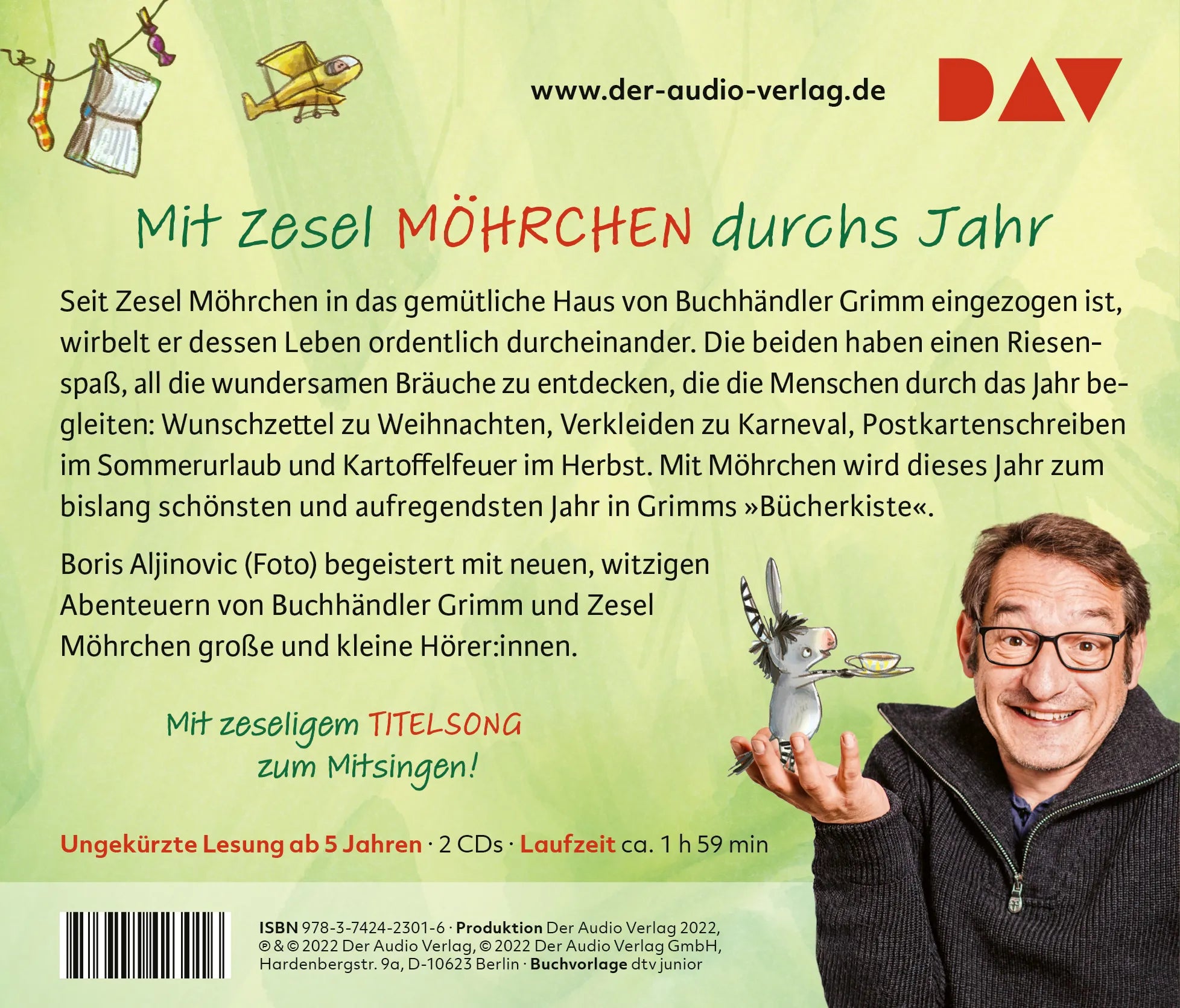 Buchrückseite von 'Grimm und Möhrchen – Teil 2: Frühling, Sommer, Herbst und Zesel' mit Klappentext - Hörbuch (CD)