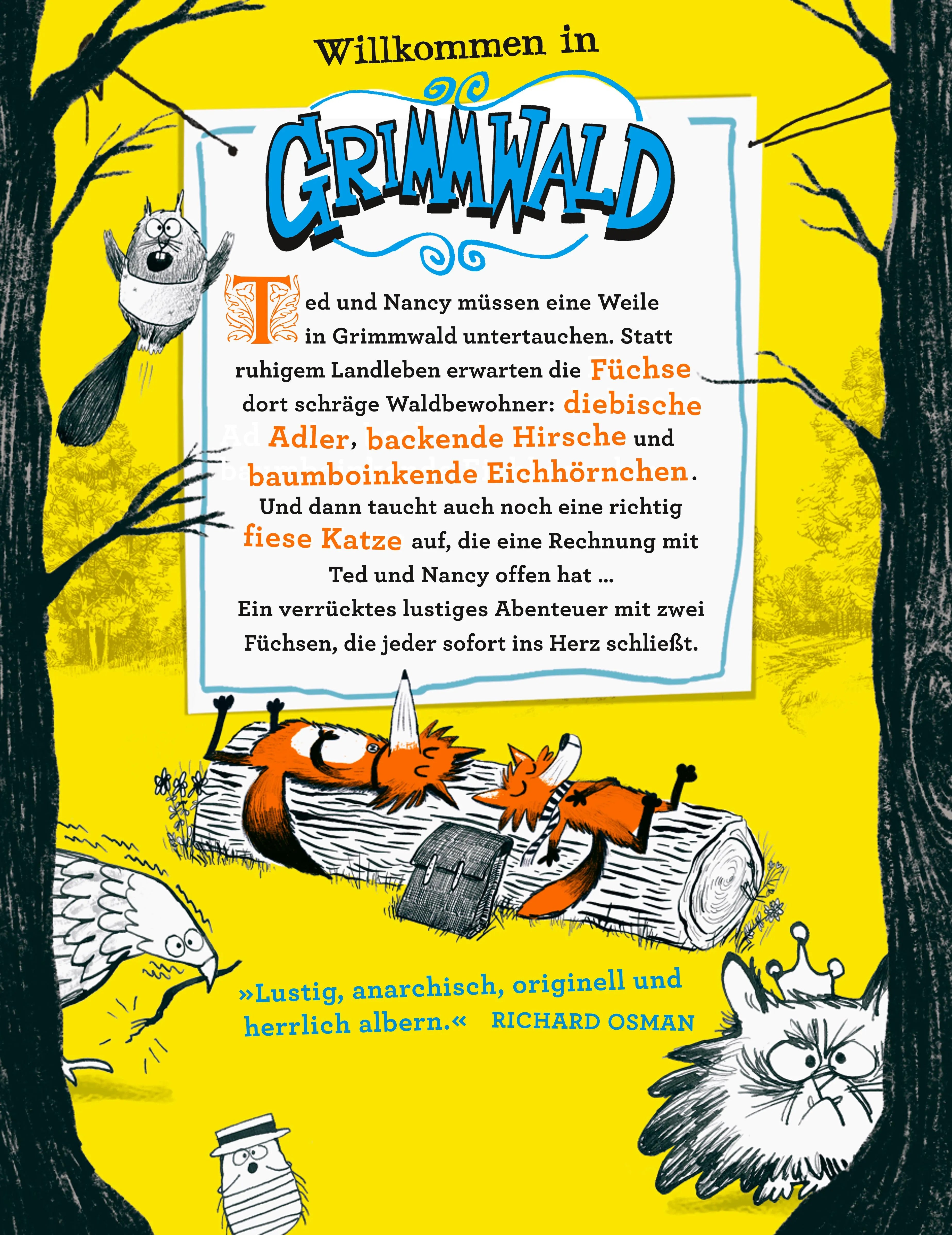 Buchrückseite von 'Grimmwald 1 – Teds und Nancys total verrücktes Abenteuer' mit Klappentext - Gebundene Ausgabe