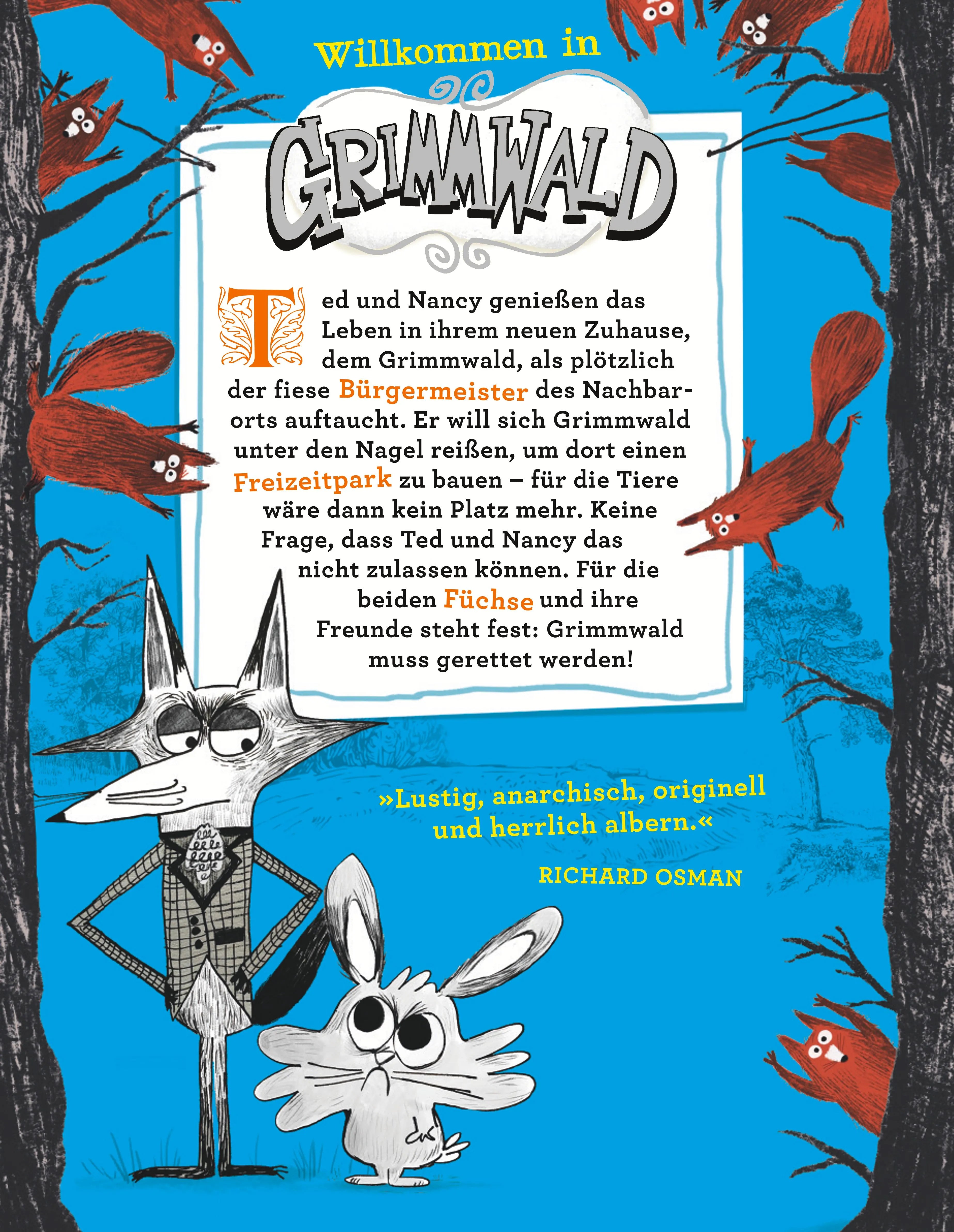Buchrückseite von 'Grimmwald 2 – Lasst die Felle fliegen!' mit Klappentext - Gebundene Ausgabe