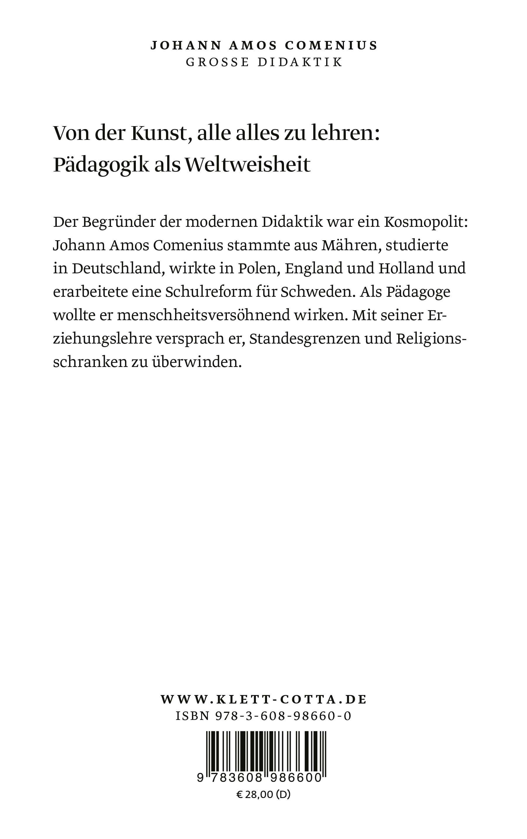 Buchrückseite von 'Große Didaktik' mit Klappentext - Paperback