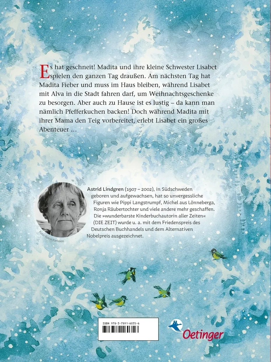 Buchrückseite von 'Guck mal, Madita, es schneit!' mit Klappentext - Gebundene Ausgabe