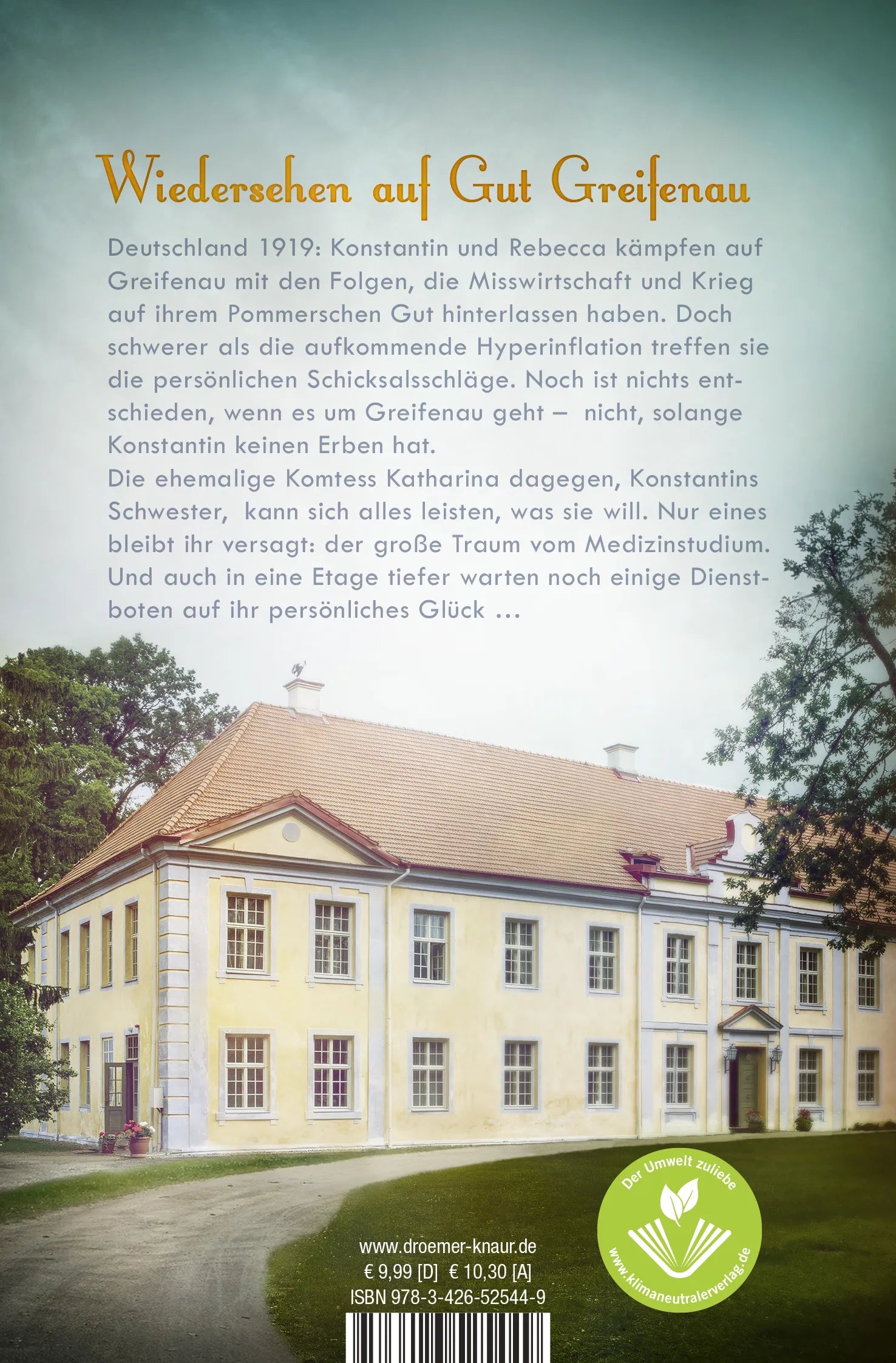 Buchrückseite von 'Gut Greifenau - Goldsturm' mit Klappentext - Taschenbuch