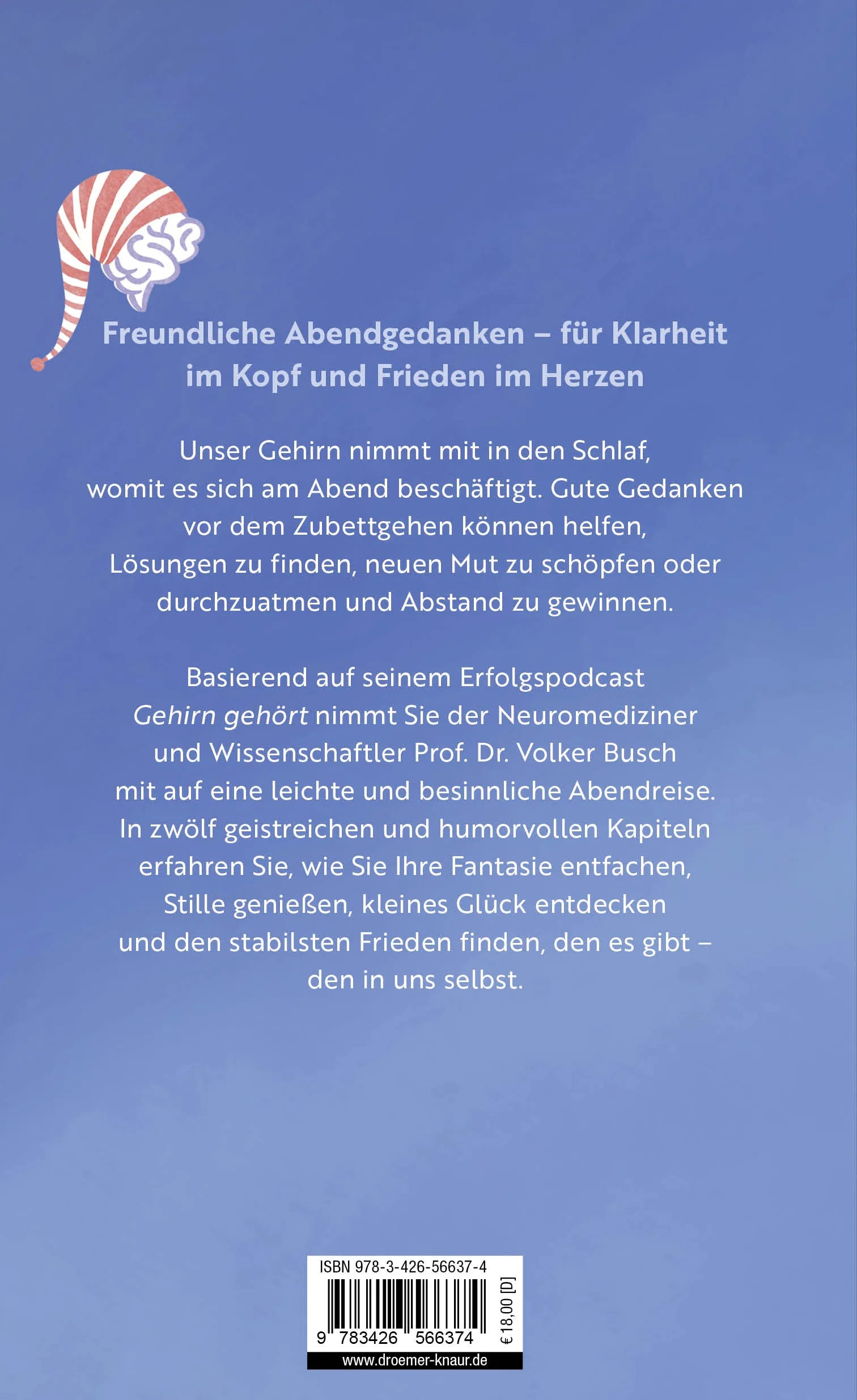 Buchrückseite von 'Gute Nacht, Gehirn' mit Klappentext - Gebundene Ausgabe