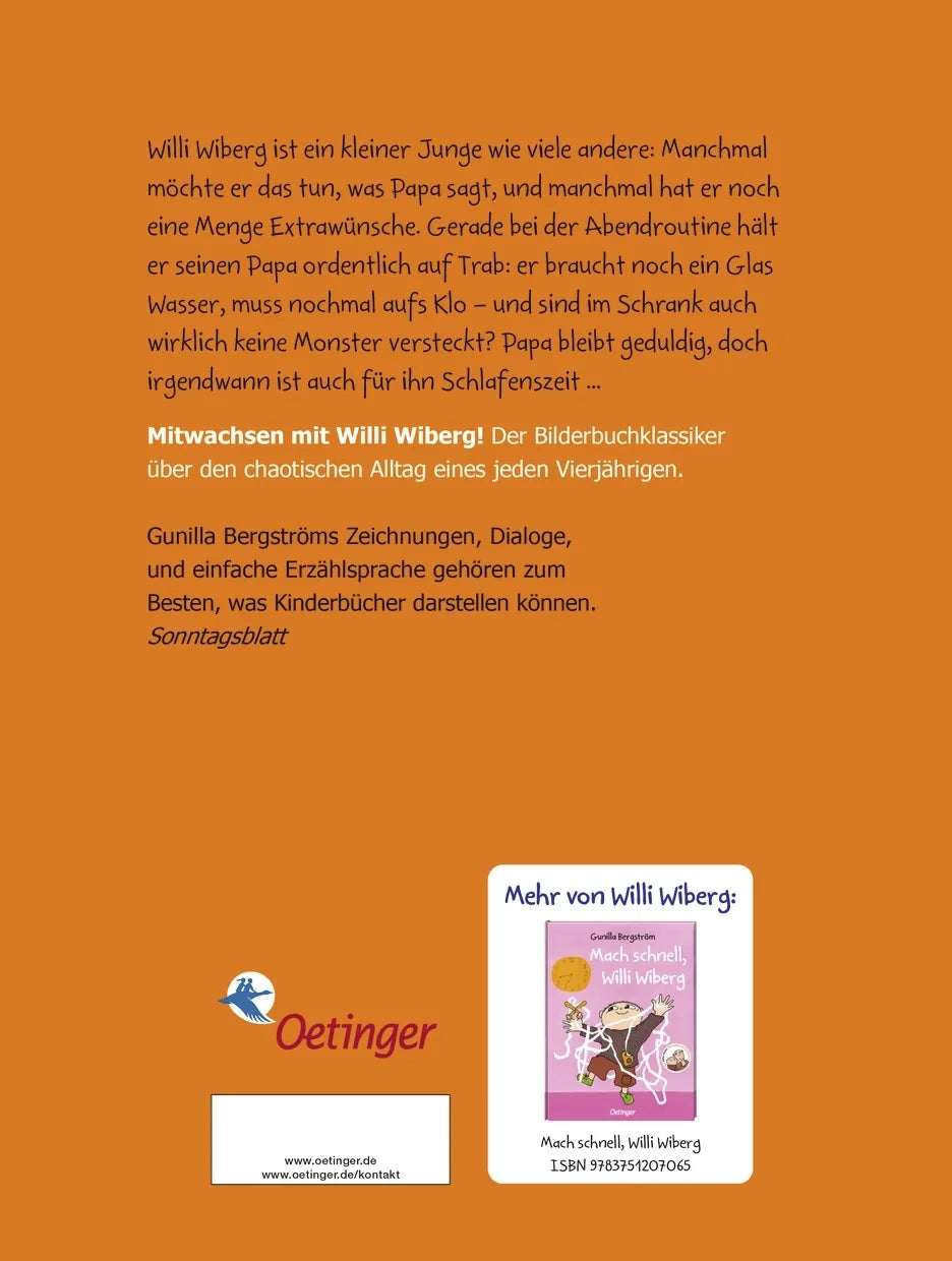Buchrückseite von 'Gute Nacht, Willi Wiberg' mit Klappentext - Gebundene Ausgabe