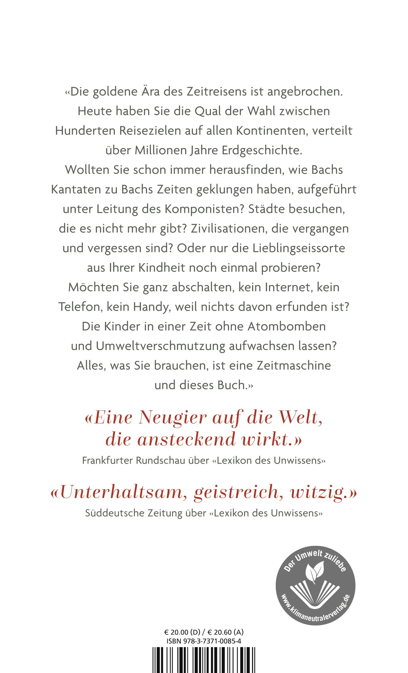 Buchrückseite von 'Handbuch für Zeitreisende' mit Klappentext - Gebundene Ausgabe