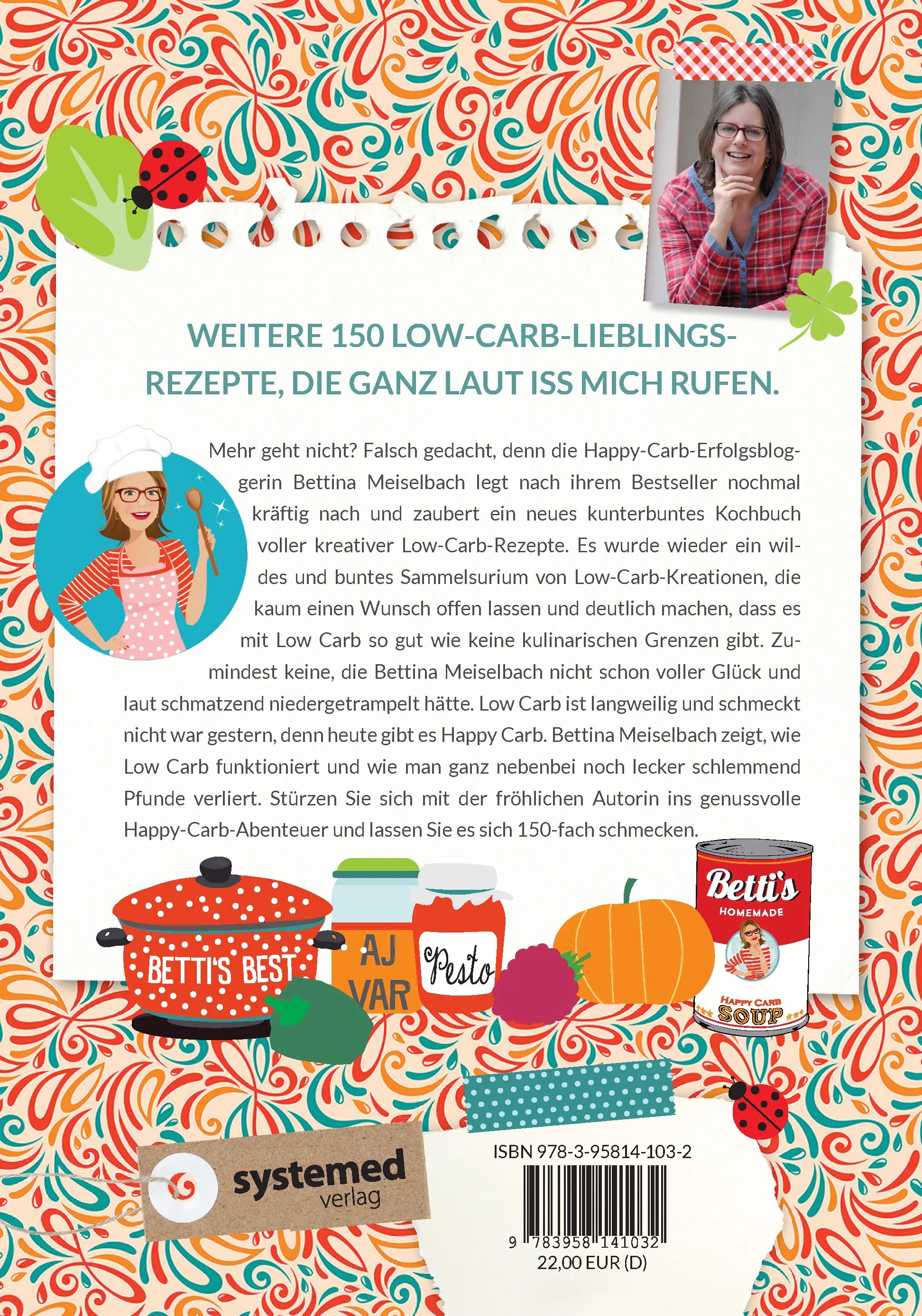 Buchrückseite von 'Happy Carb: Mehr Low-Carb-Lieblingsrezepte' mit Klappentext - Gebundene Ausgabe