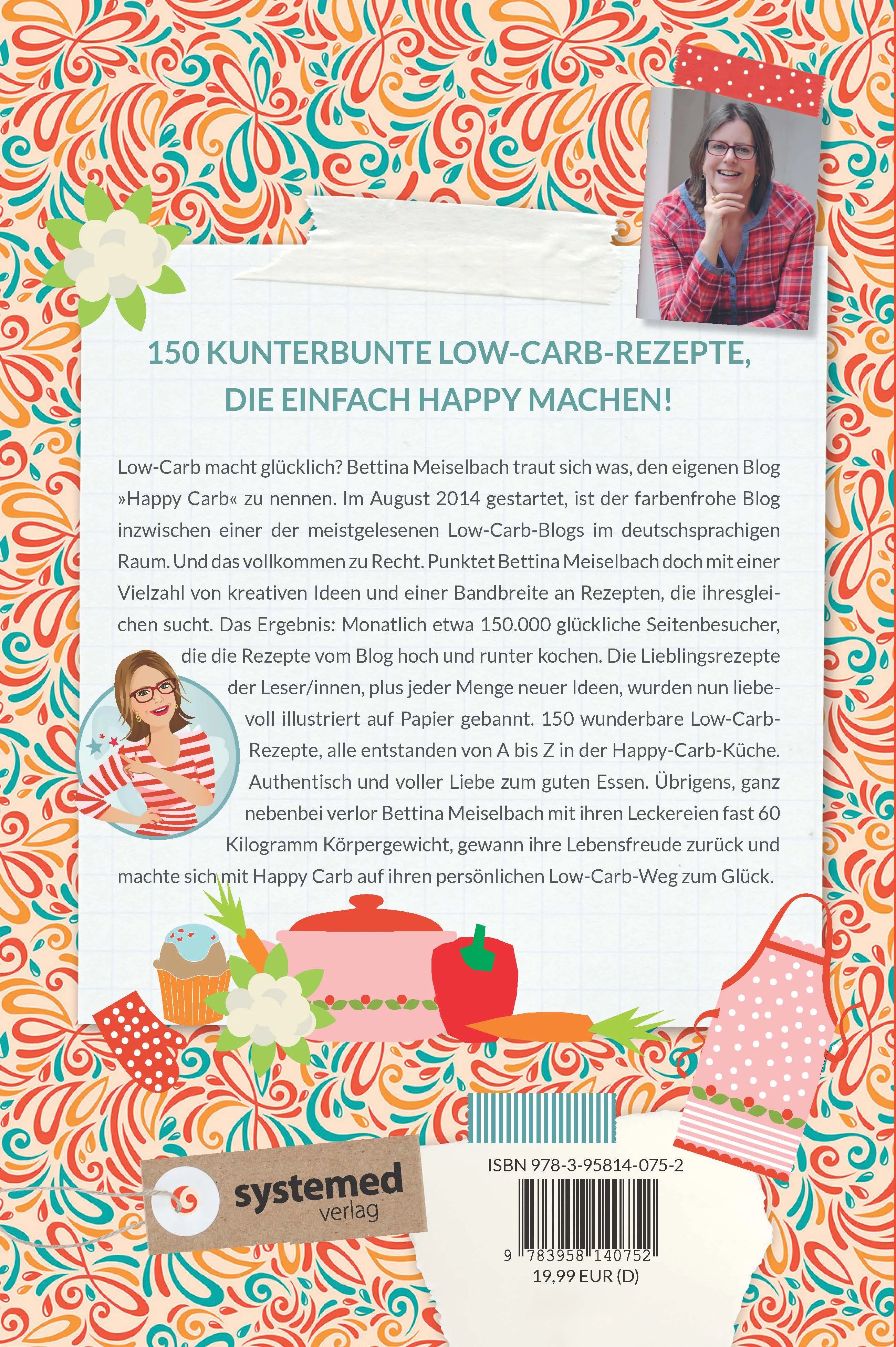 Buchrückseite von 'Happy Carb: Meine liebsten Low-Carb-Rezepte' mit Klappentext - Gebundene Ausgabe