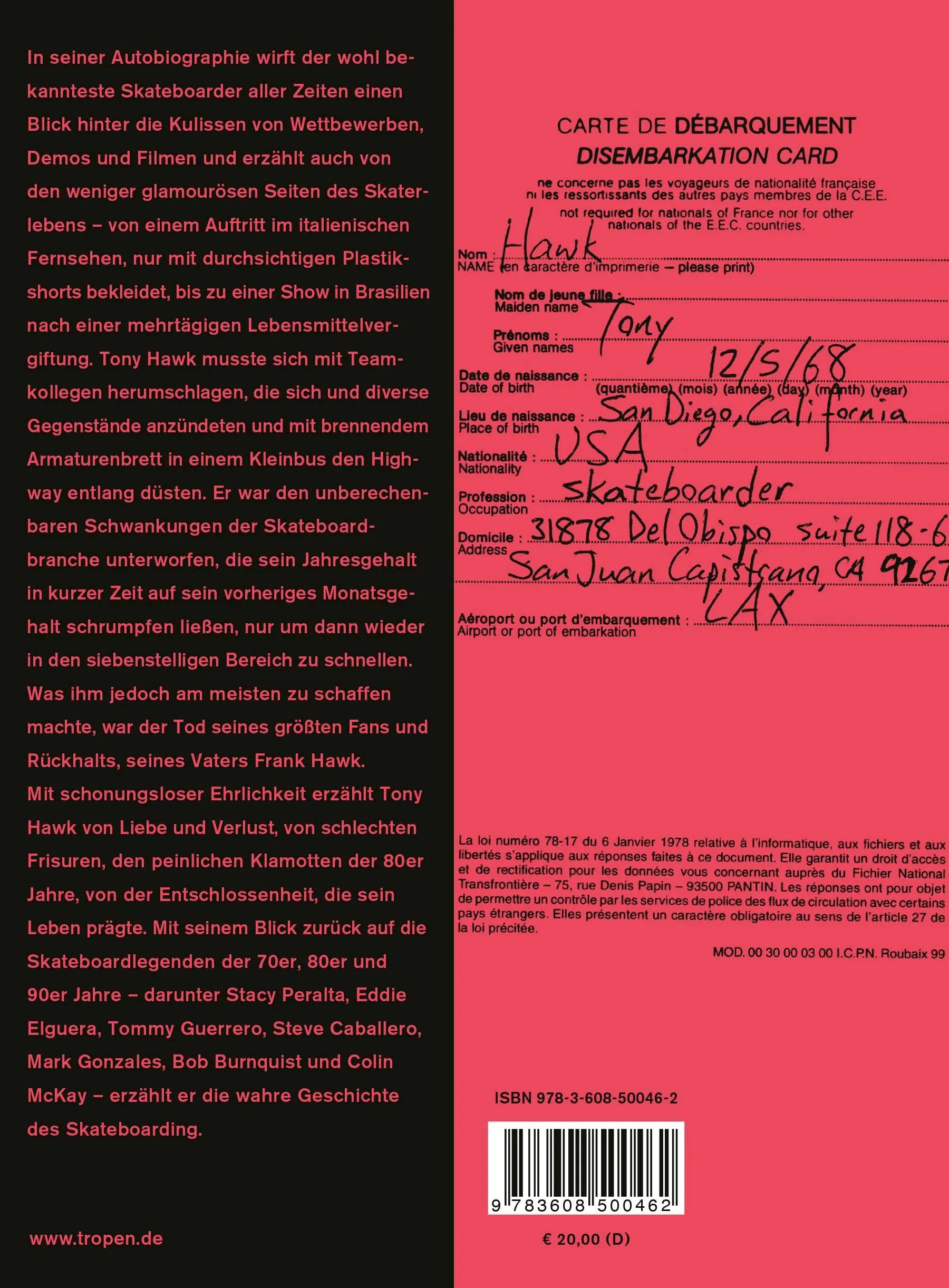 Buchrückseite von 'Hawk: Beruf: Skateboarder' mit Klappentext - Paperback