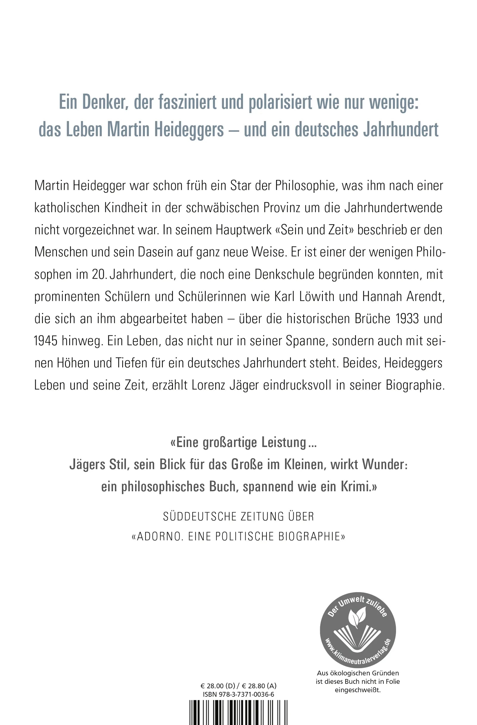 Buchrückseite von 'Heidegger' mit Klappentext - Gebundene Ausgabe