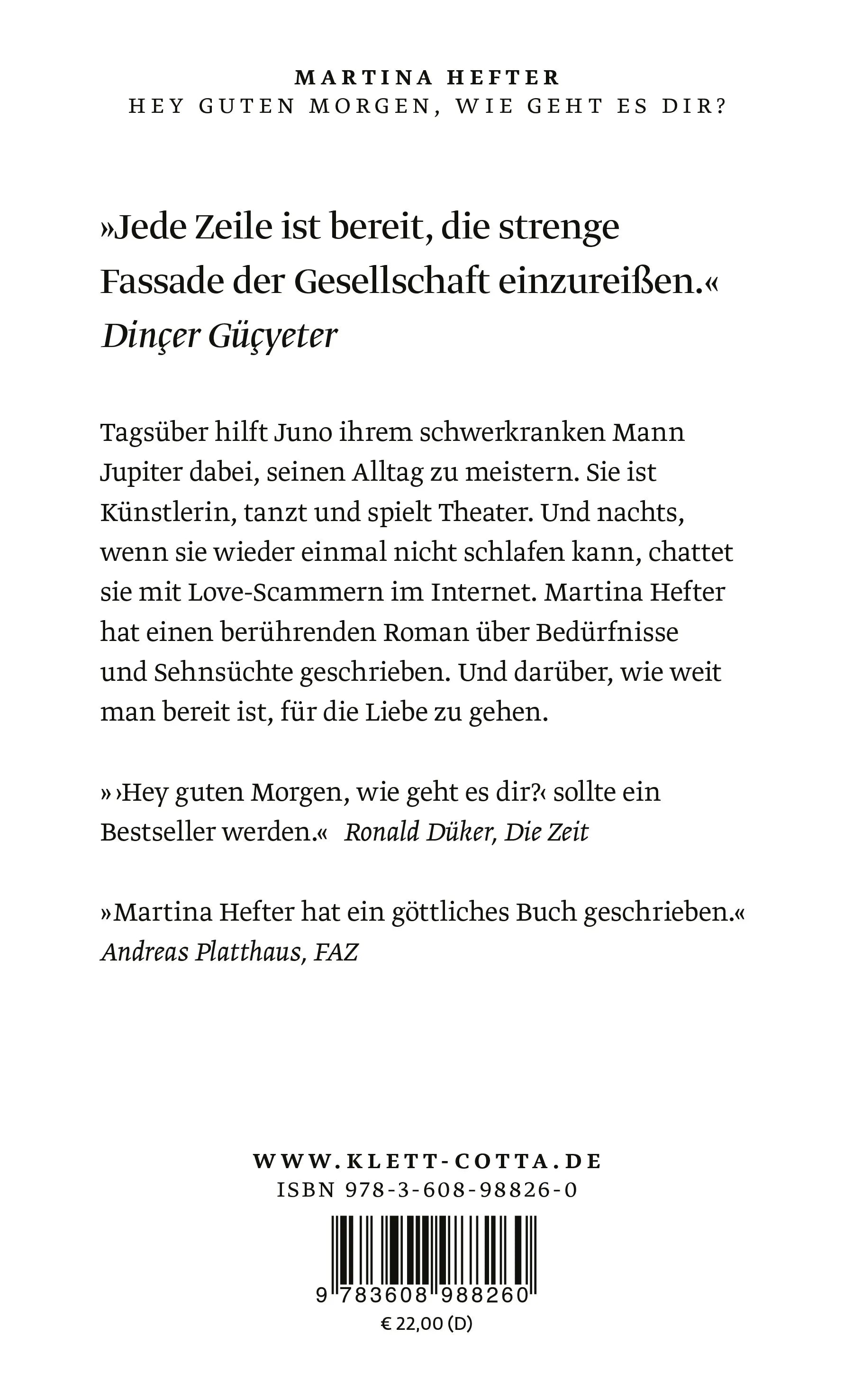 Buchrückseite von 'Hey guten Morgen, wie geht es dir?' mit Klappentext - Gebundene Ausgabe