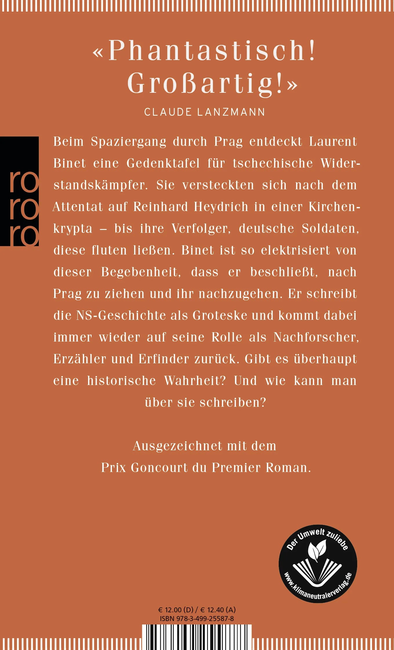 Buchrückseite von 'HHhH' mit Klappentext - Taschenbuch