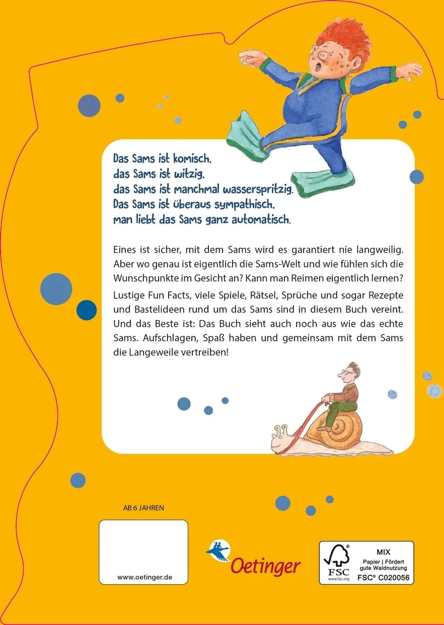 Buchrückseite von 'Hier kommt das Sams' mit Klappentext - Gebundene Ausgabe