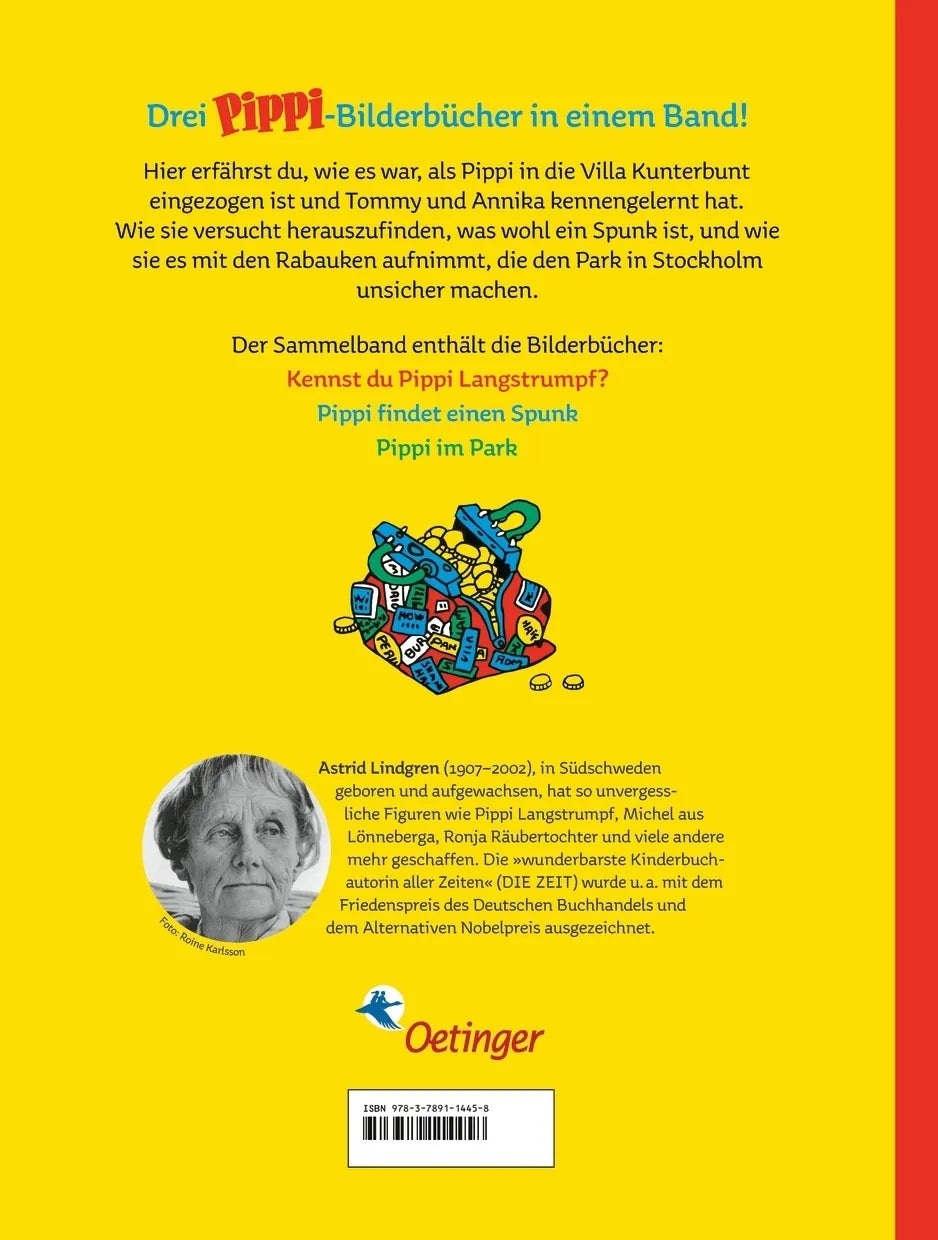 Buchrückseite von 'Hier kommt Pippi Langstrumpf. Der kunterbunte Bilderbuchschatz' mit Klappentext - Gebundene Ausgabe
