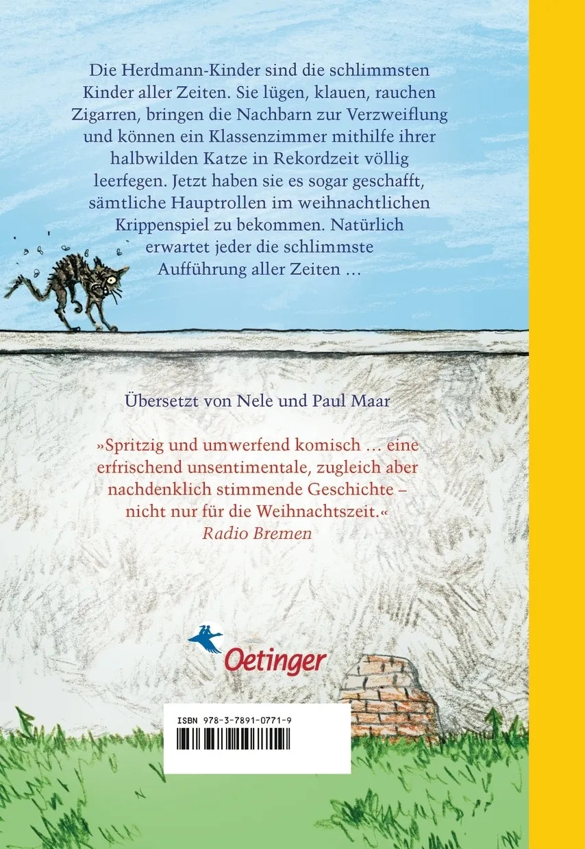 Buchrückseite von 'Hilfe, die Herdmanns kommen 1. Neu illustriert von Anke Kuhl' mit Klappentext - Gebundene Ausgabe