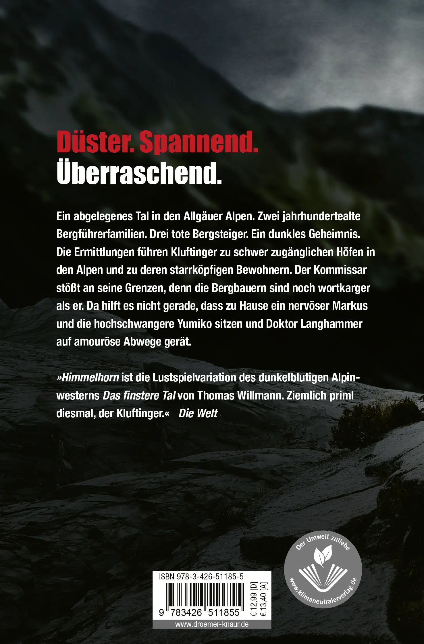 Buchrückseite von 'Himmelhorn' mit Klappentext - Taschenbuch