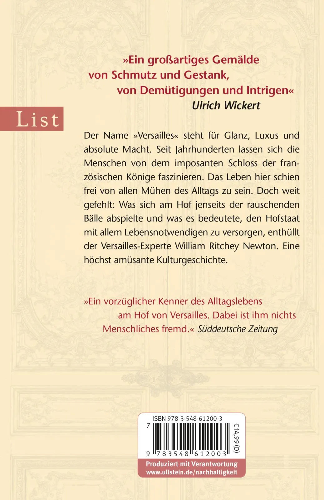 Buchrückseite von 'Hinter den Fassaden von Versailles' mit Klappentext - Taschenbuch