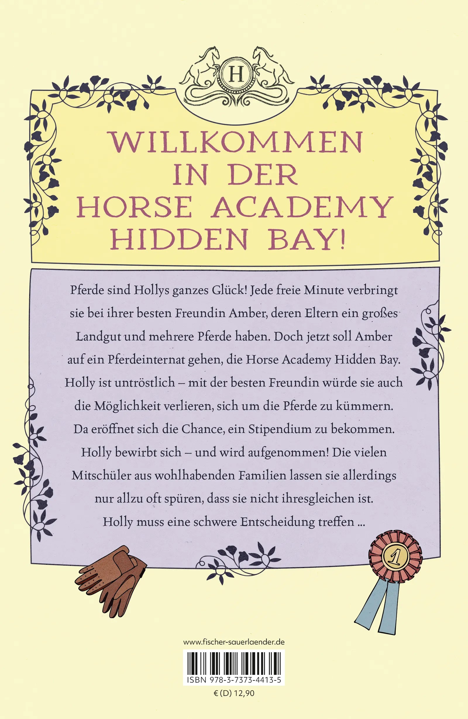 Buchrückseite von 'Horse Academy – Sommer der Entscheidungen' mit Klappentext - Gebundene Ausgabe