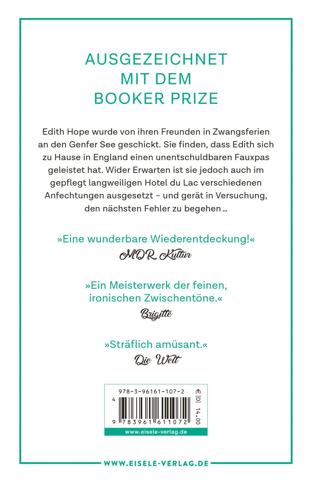 Buchrückseite von 'Hotel du Lac' mit Klappentext - Taschenbuch