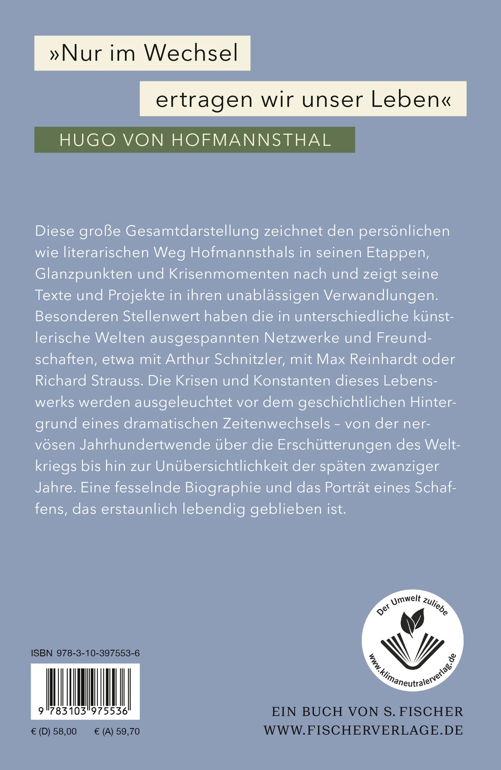 Buchrückseite von 'Hugo von Hofmannsthal: Grenzenlose Verwandlung' mit Klappentext - Gebundene Ausgabe