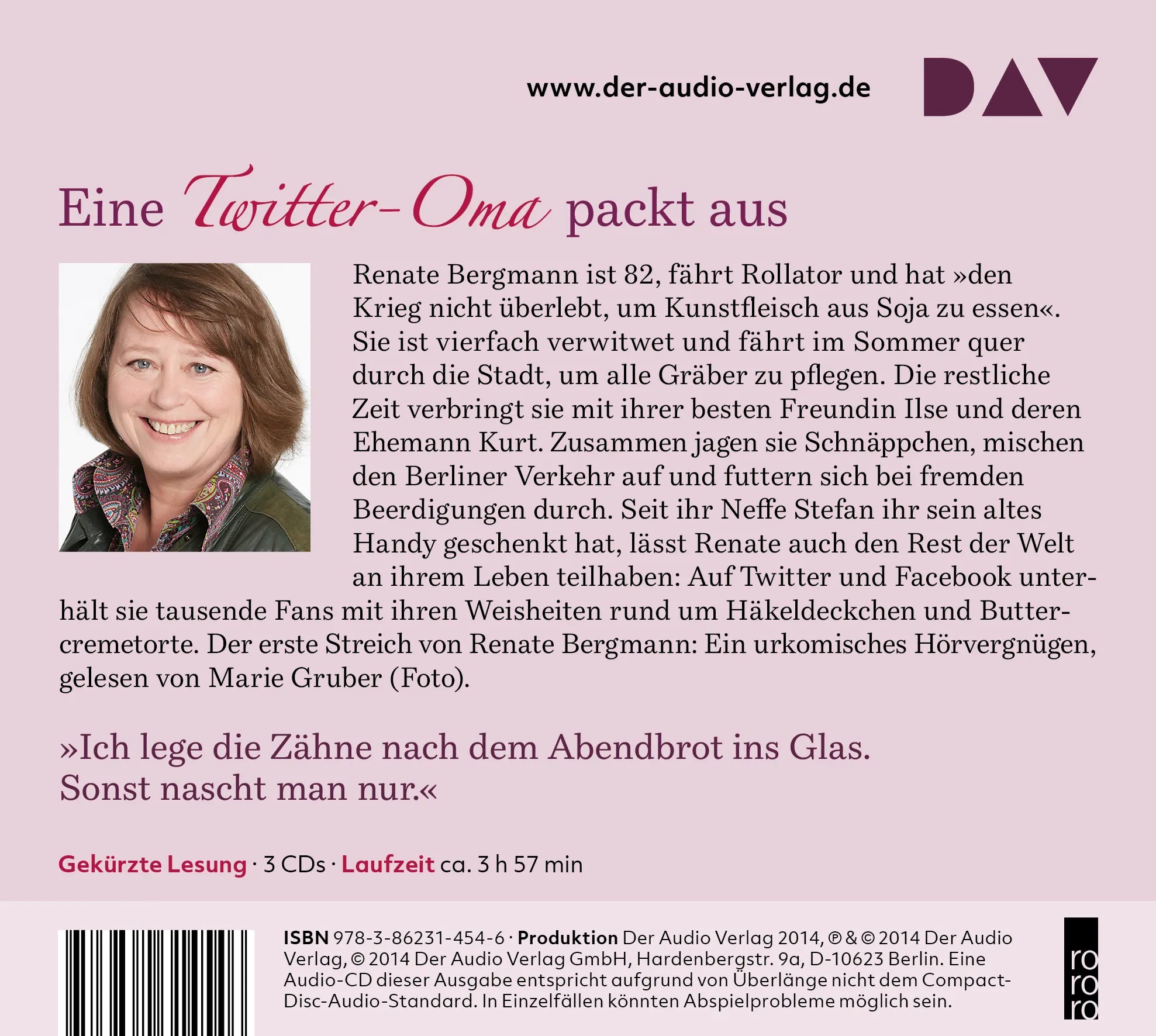 Buchrückseite von 'Ich bin nicht süß, ich hab bloß Zucker. Eine Online-Omi sagt, wie's ist' mit Klappentext - Hörbuch (CD)