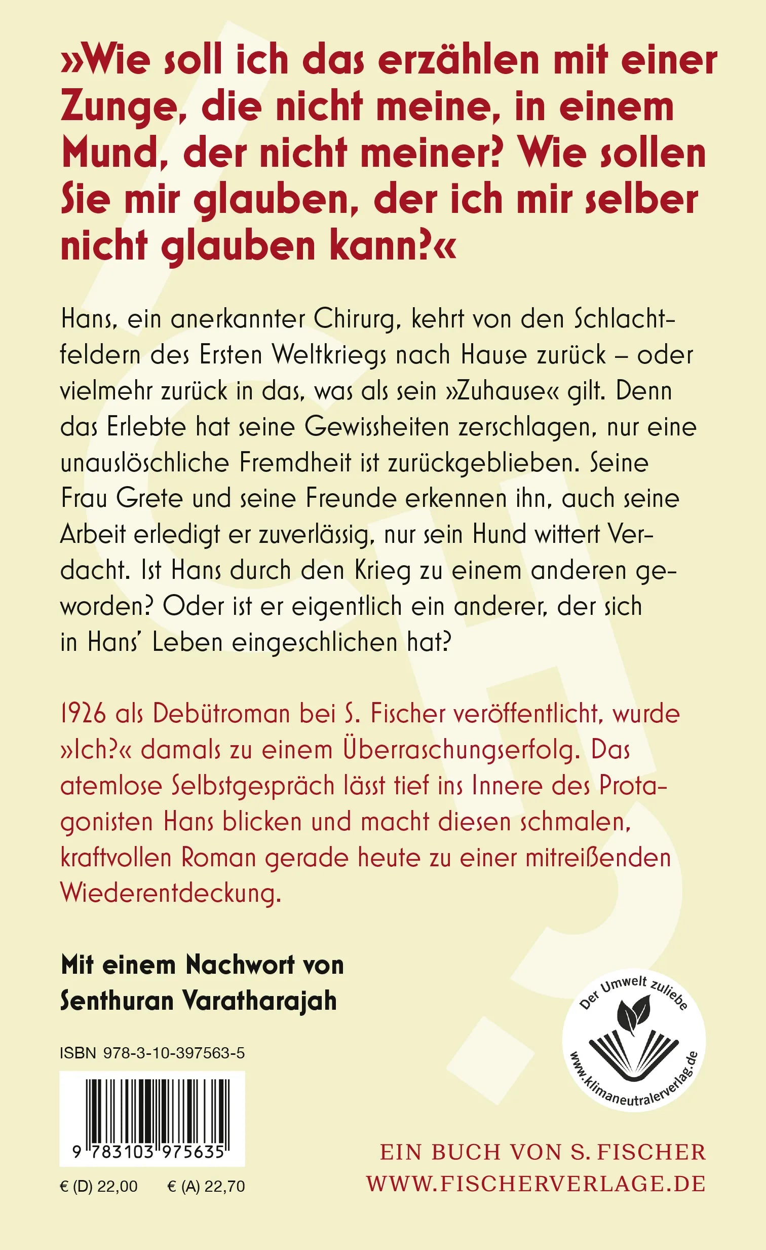 Buchrückseite von 'Ich?' mit Klappentext - Gebundene Ausgabe