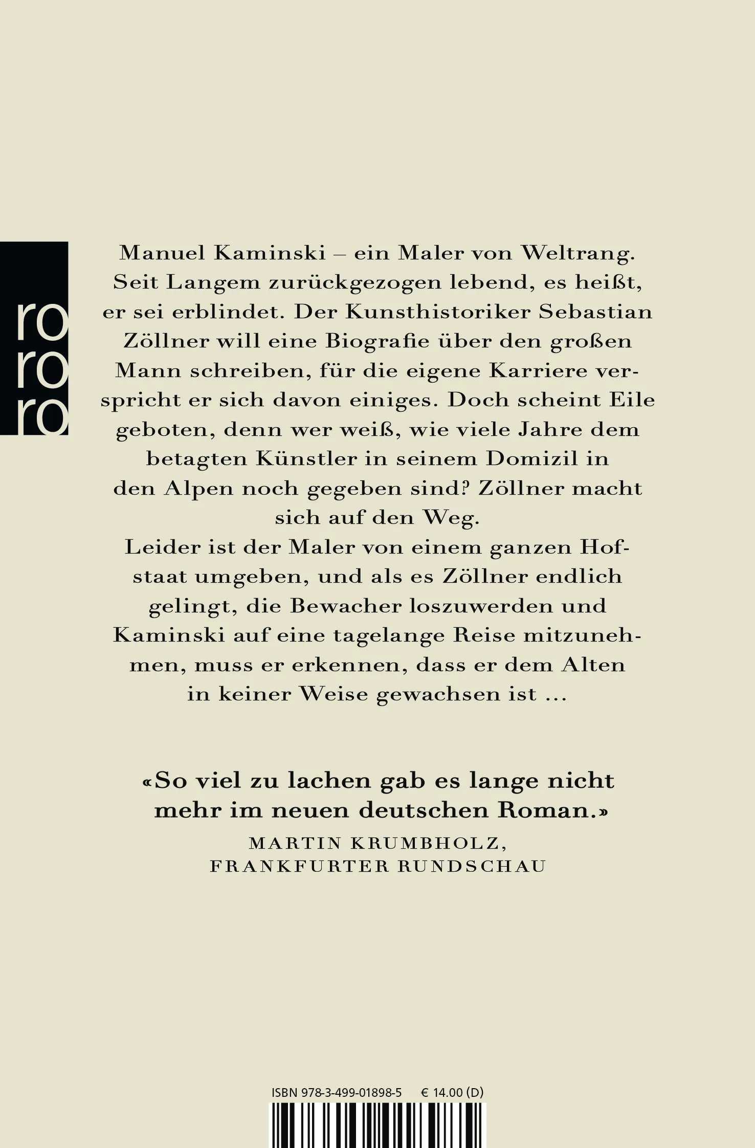 Buchrückseite von 'Ich und Kaminski' mit Klappentext - Taschenbuch