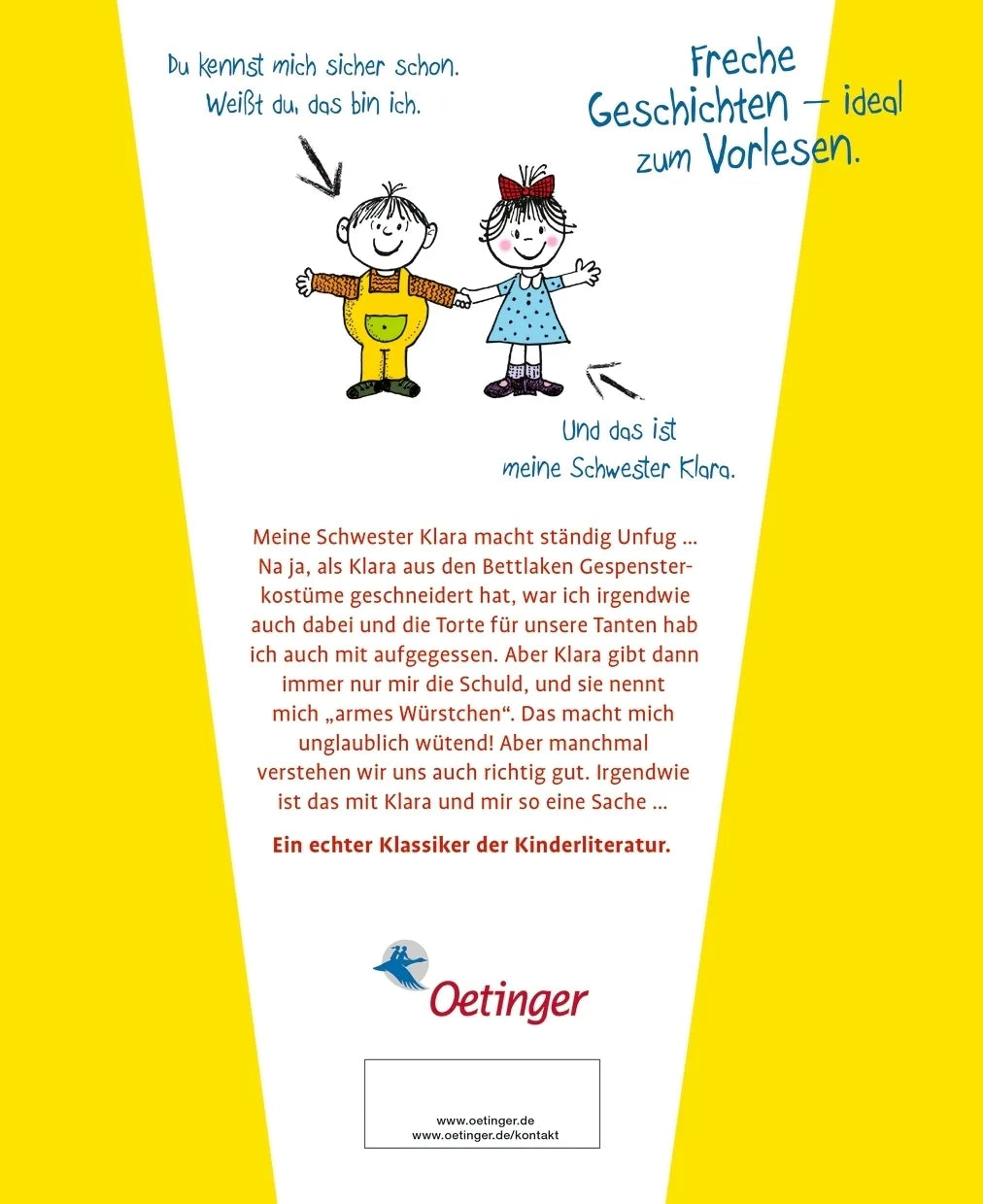 Buchrückseite von 'Ich und meine Schwester Klara. Die schönsten Geschwistergeschichten zum Vorlesen' mit Klappentext - Gebundene Ausgabe