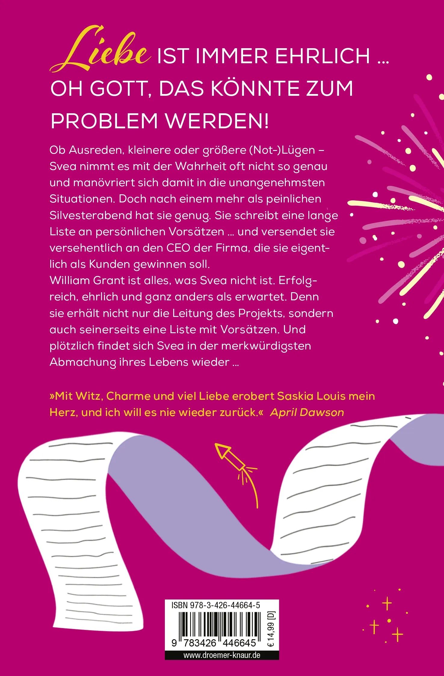 Buchrückseite von 'Ich will dies, das und dich' mit Klappentext - Taschenbuch