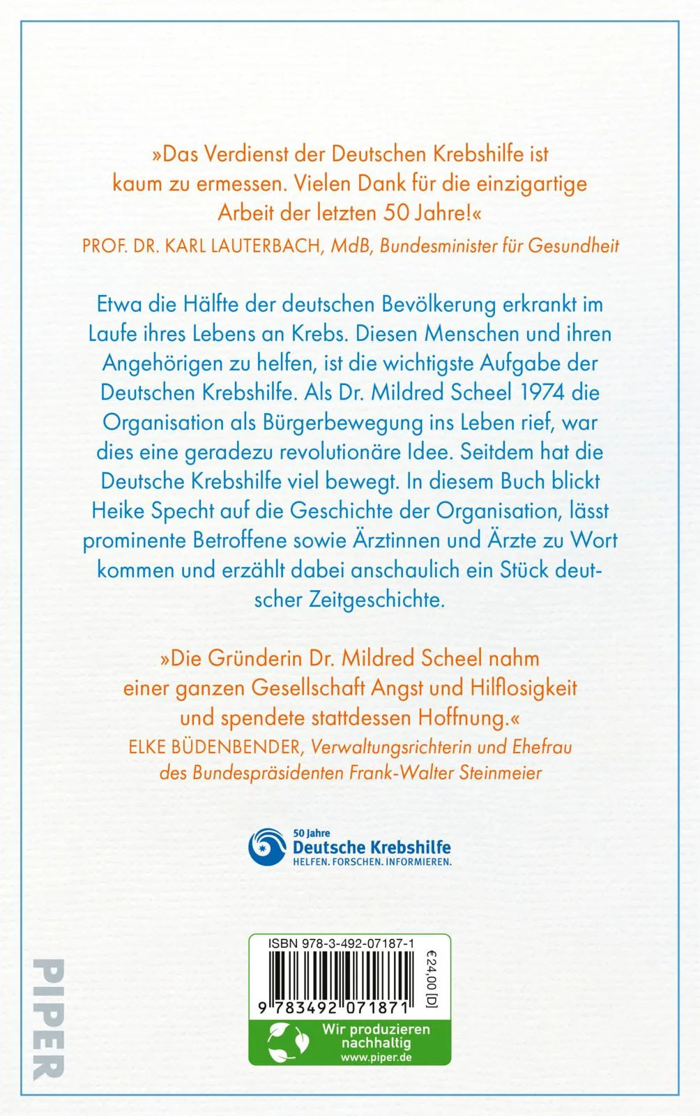 Buchrückseite von 'Im Mittelpunkt der Mensch – 50 Jahre Deutsche Krebshilfe' mit Klappentext - Gebundene Ausgabe