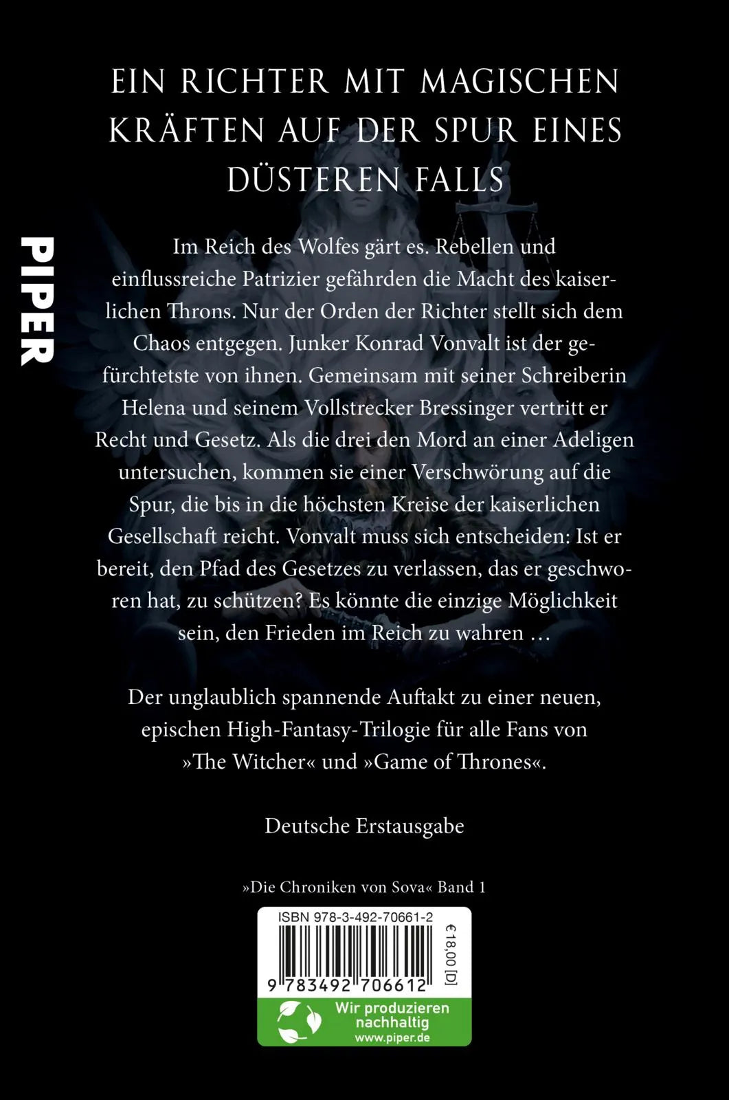 Buchrückseite von 'Im Namen des Wolfes' mit Klappentext - Paperback