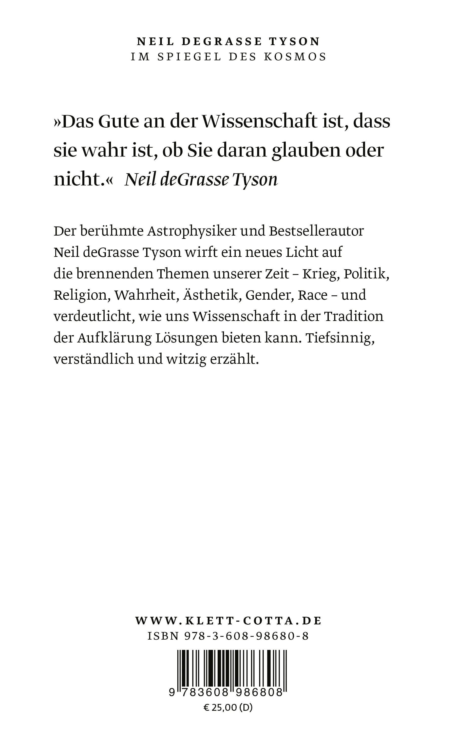 Buchrückseite von 'Im Spiegel des Kosmos' mit Klappentext - Gebundene Ausgabe